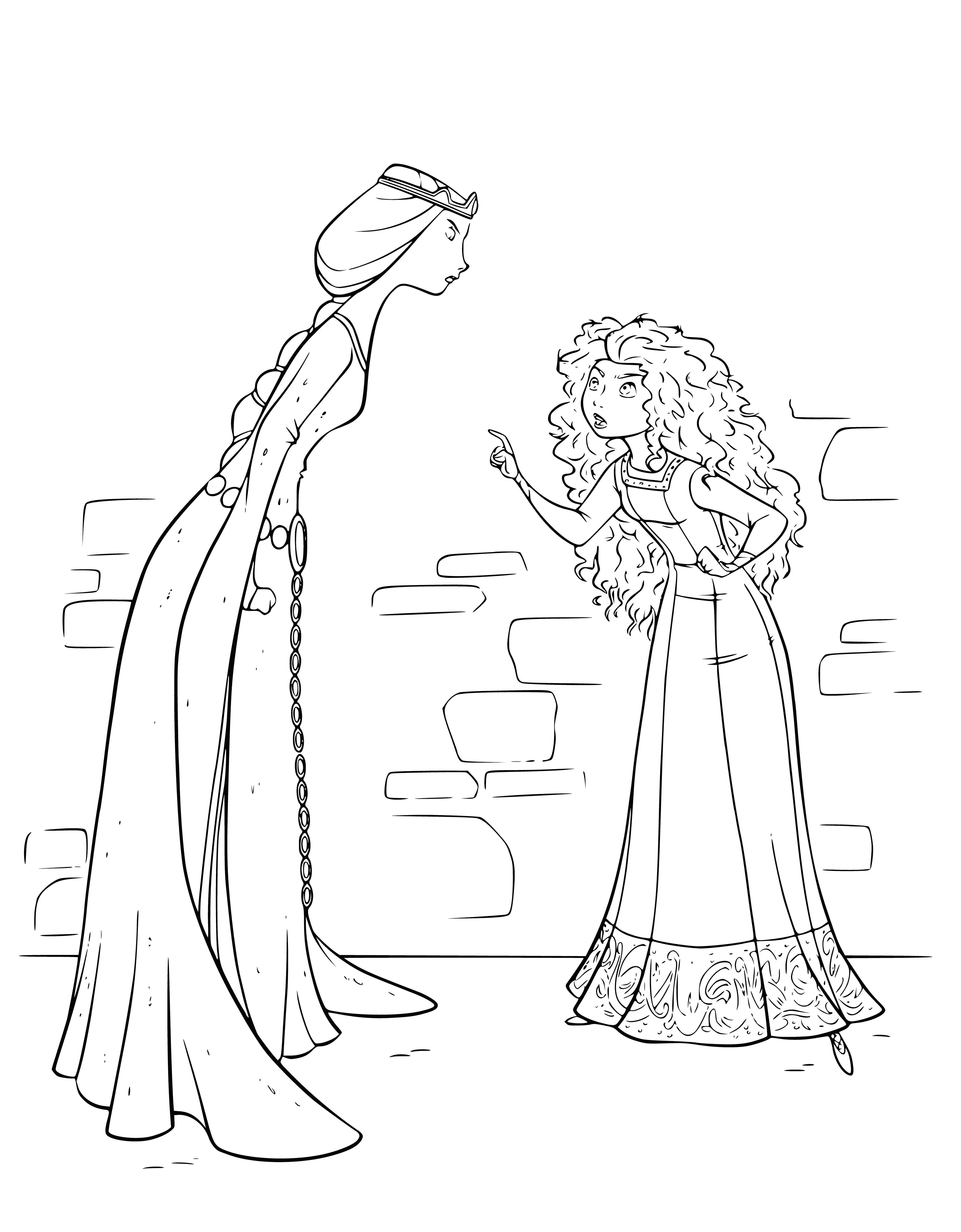 coloring page: Princess Merida and Queen Elinor argue, with Merida gesturing angrily and Elinor worried and dismayed.