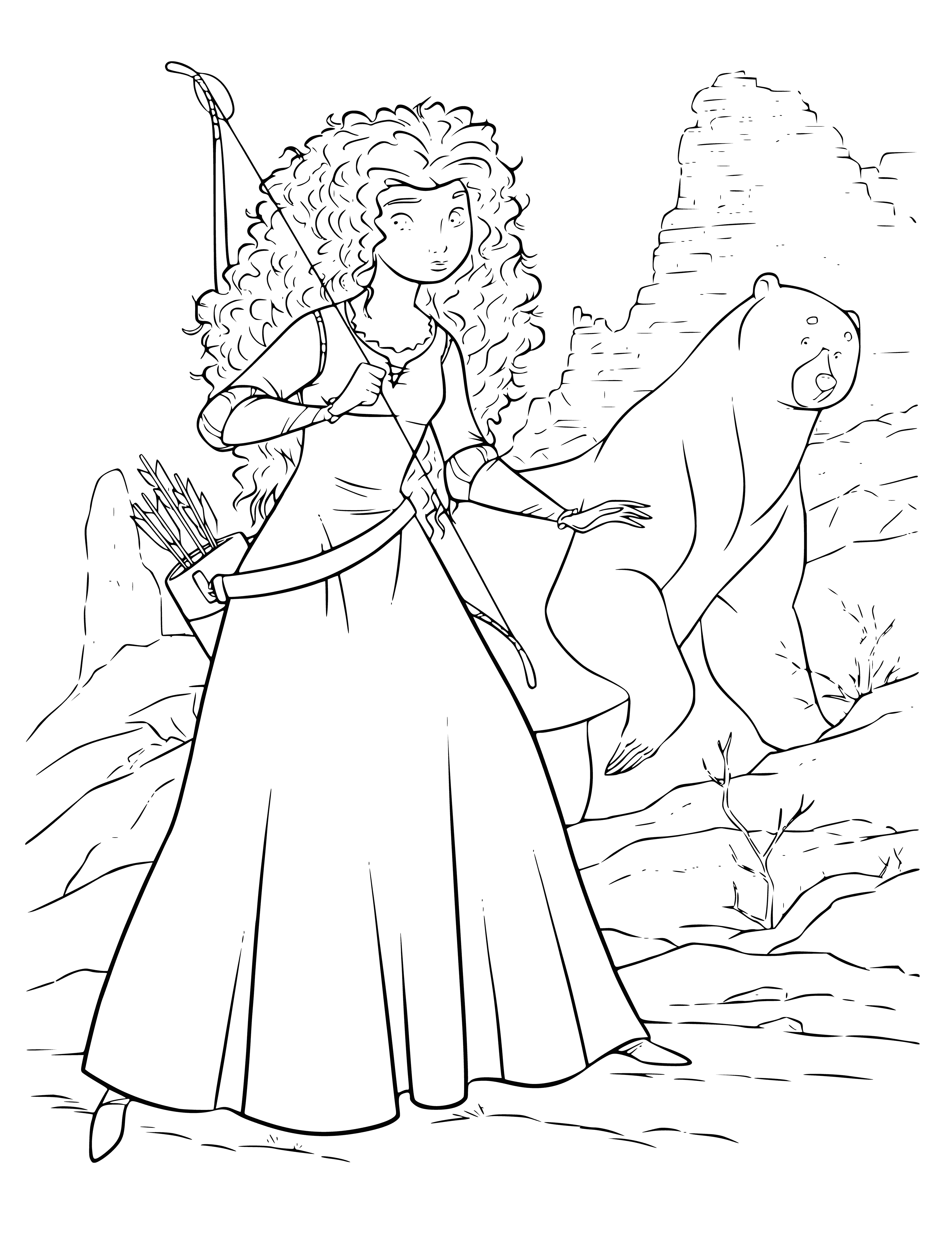 coloring page: Princess Merida stands below Bear Queen atop castle ruins, both looking at each other. #Fairytale #OnceUponATime