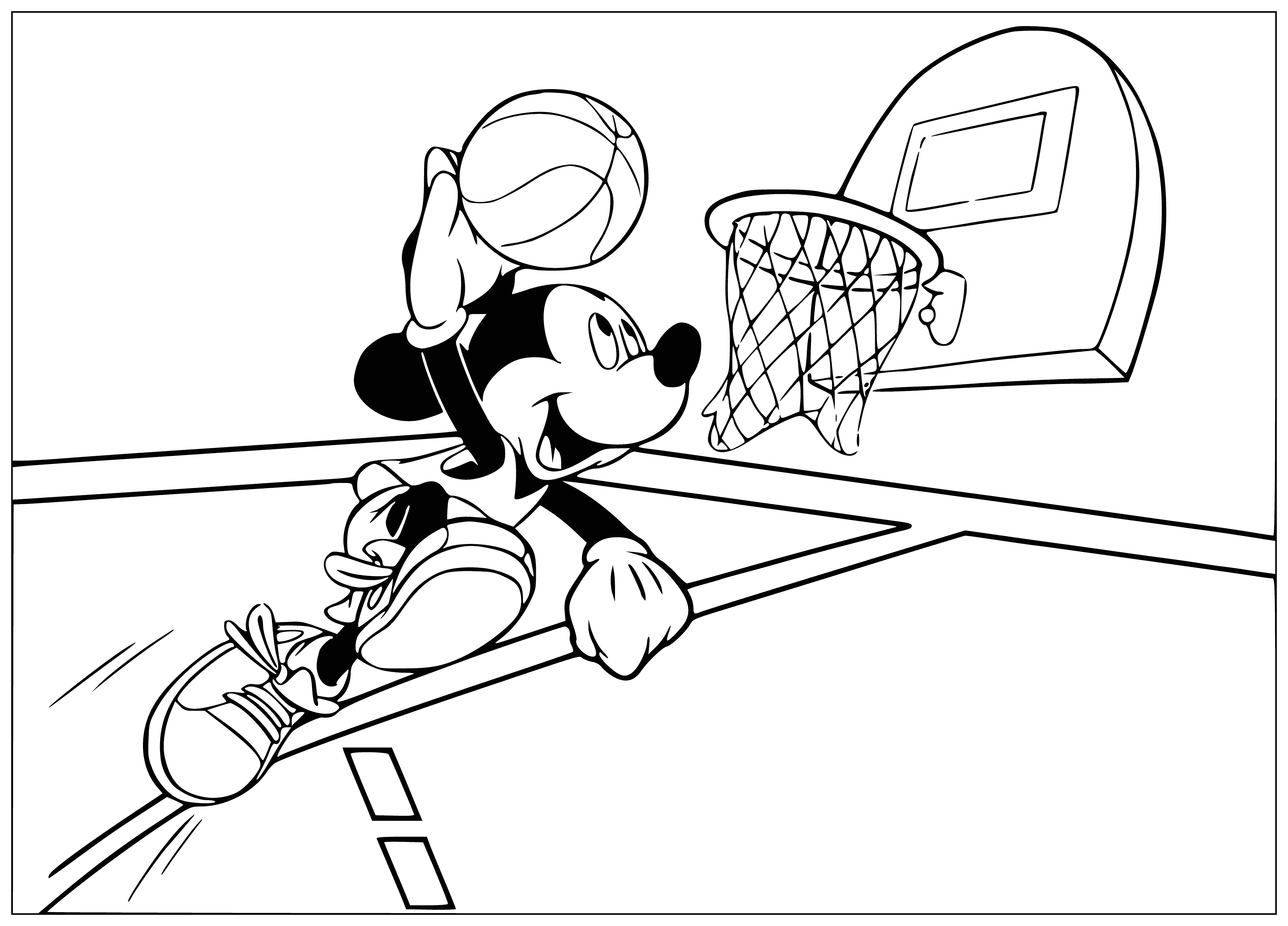 coloring page: A determined basketball player with Mickey Mouse ears, wearing a red and white jersey with the number "33" on it, dribbles a basketball.