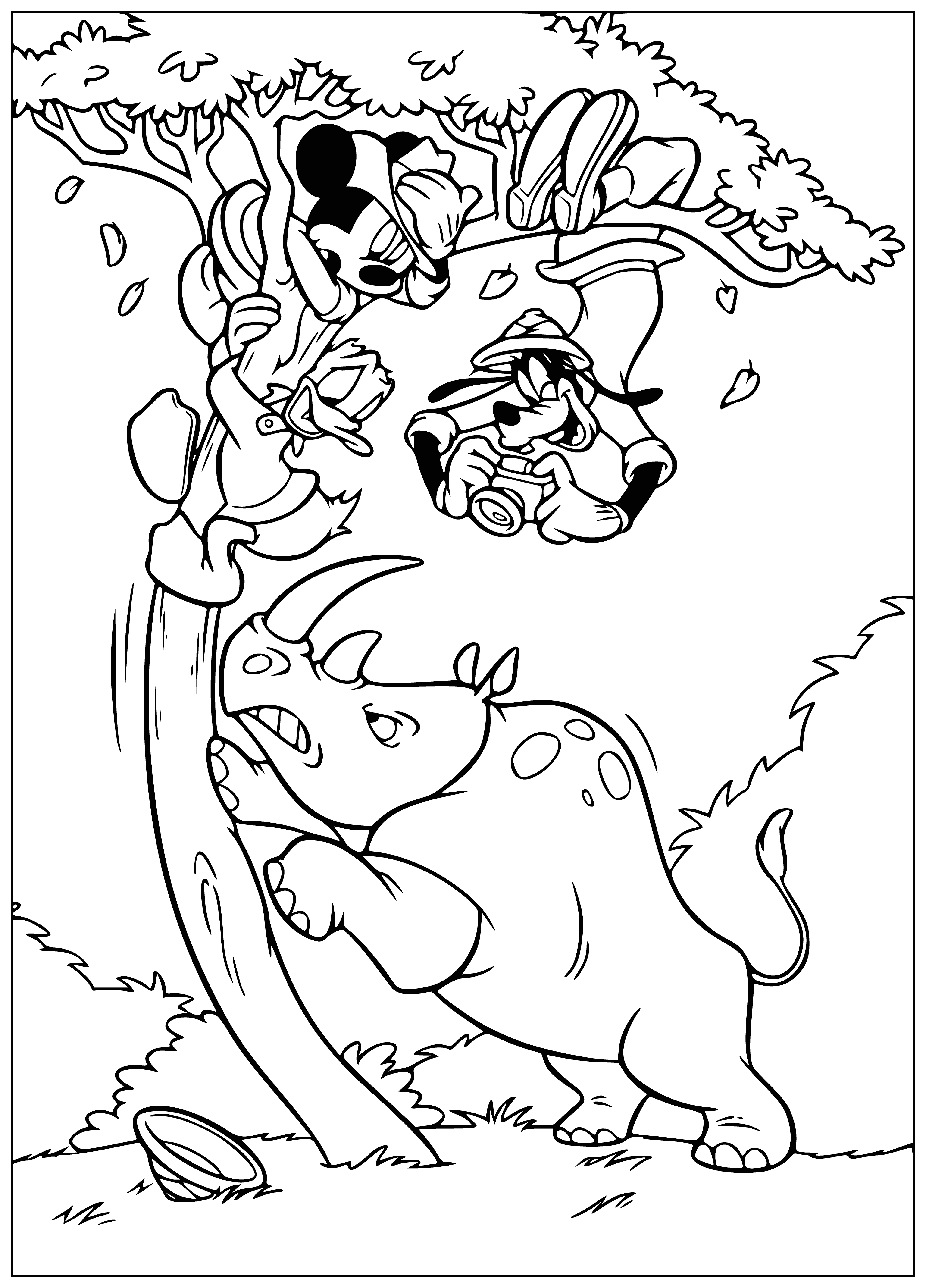 coloring page: Large blue and white rhino walks through green grass w/ long horn and small tail. Wears a red and white shirt w/ Mickey Mouse.