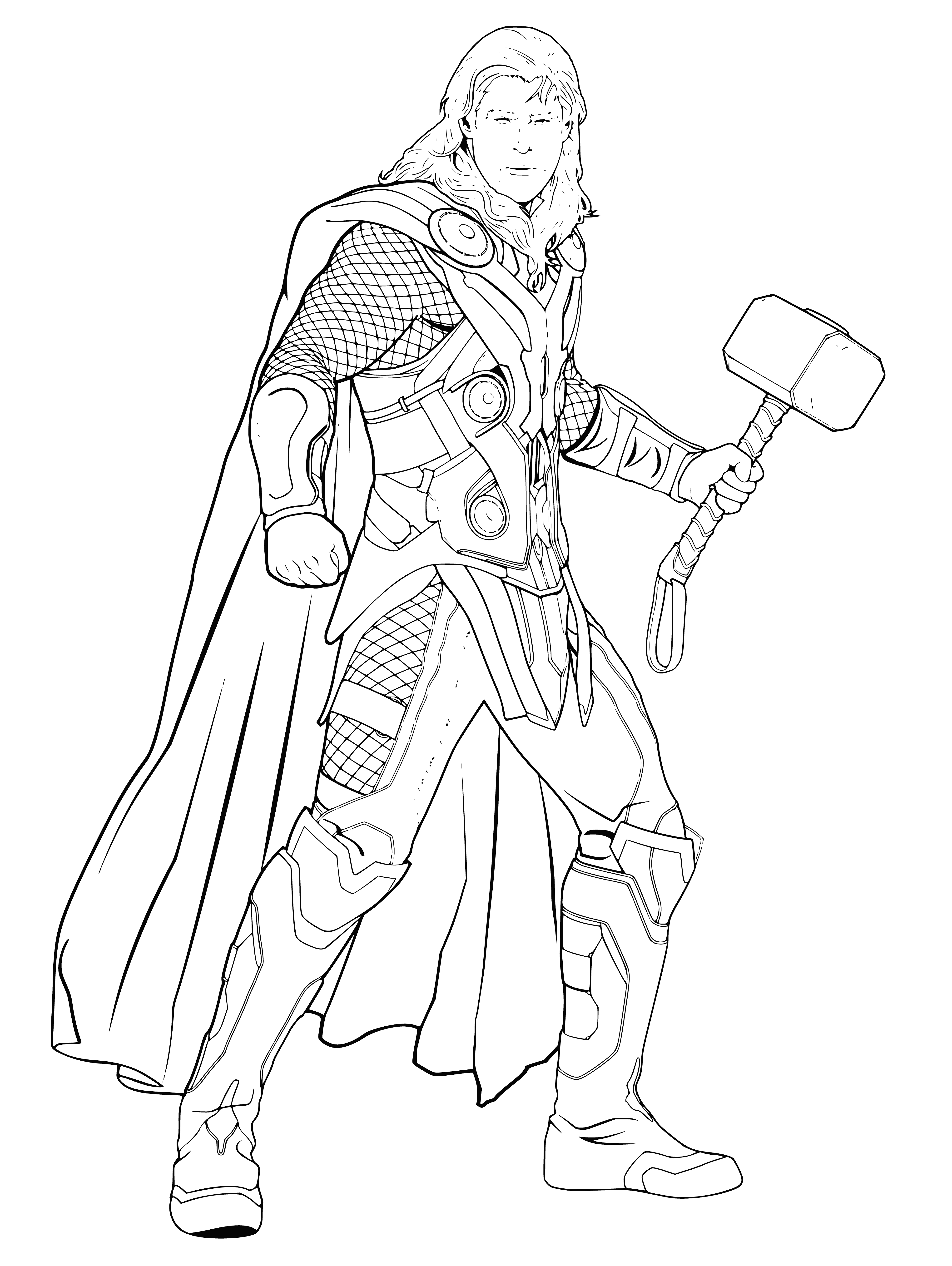 coloring page: Muscular man with long blonde hair, red cape, blue tunic & metal armor holding a large metal hammer.