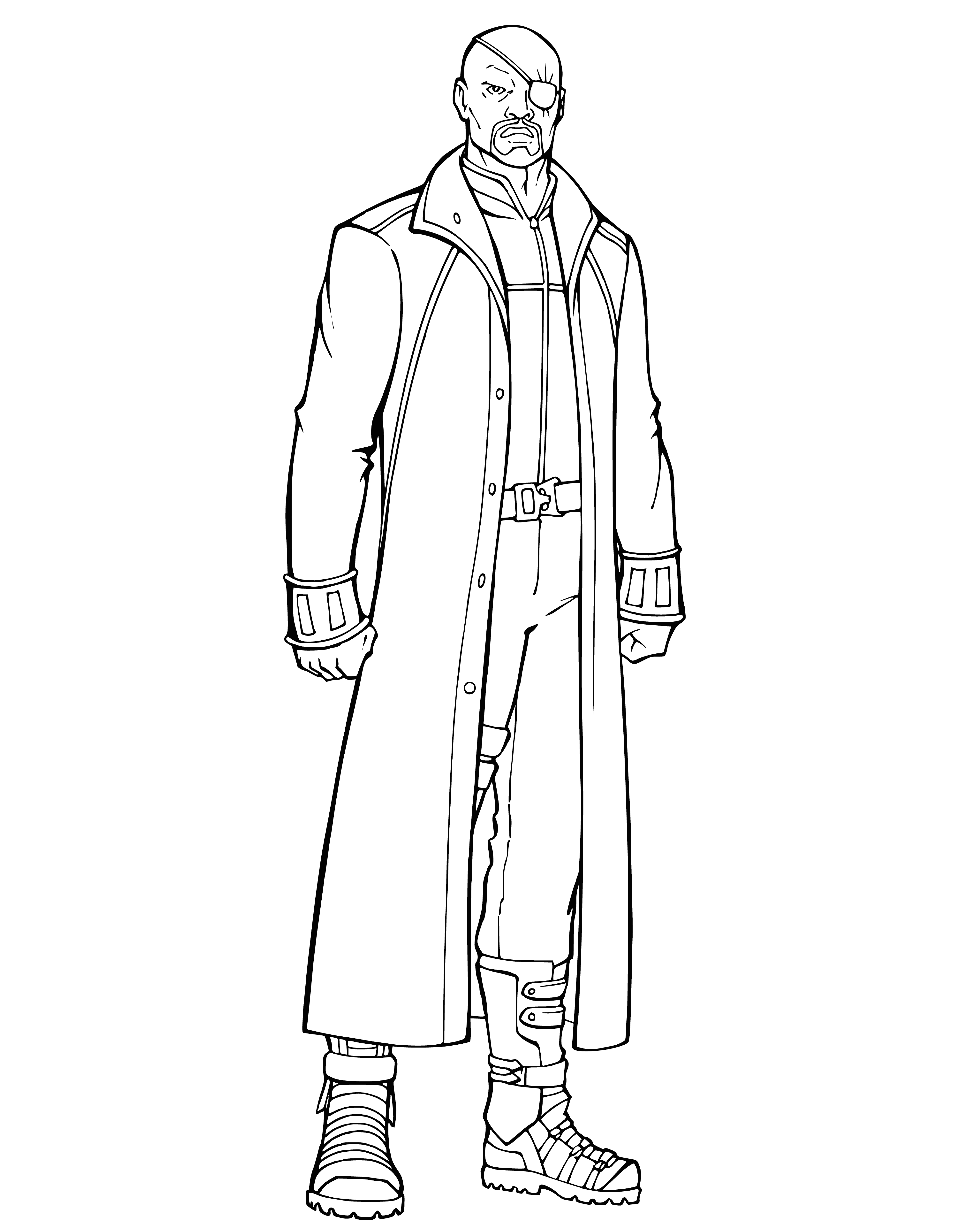 coloring page: Man with eye patch in black suit and white shirt, serious expression.