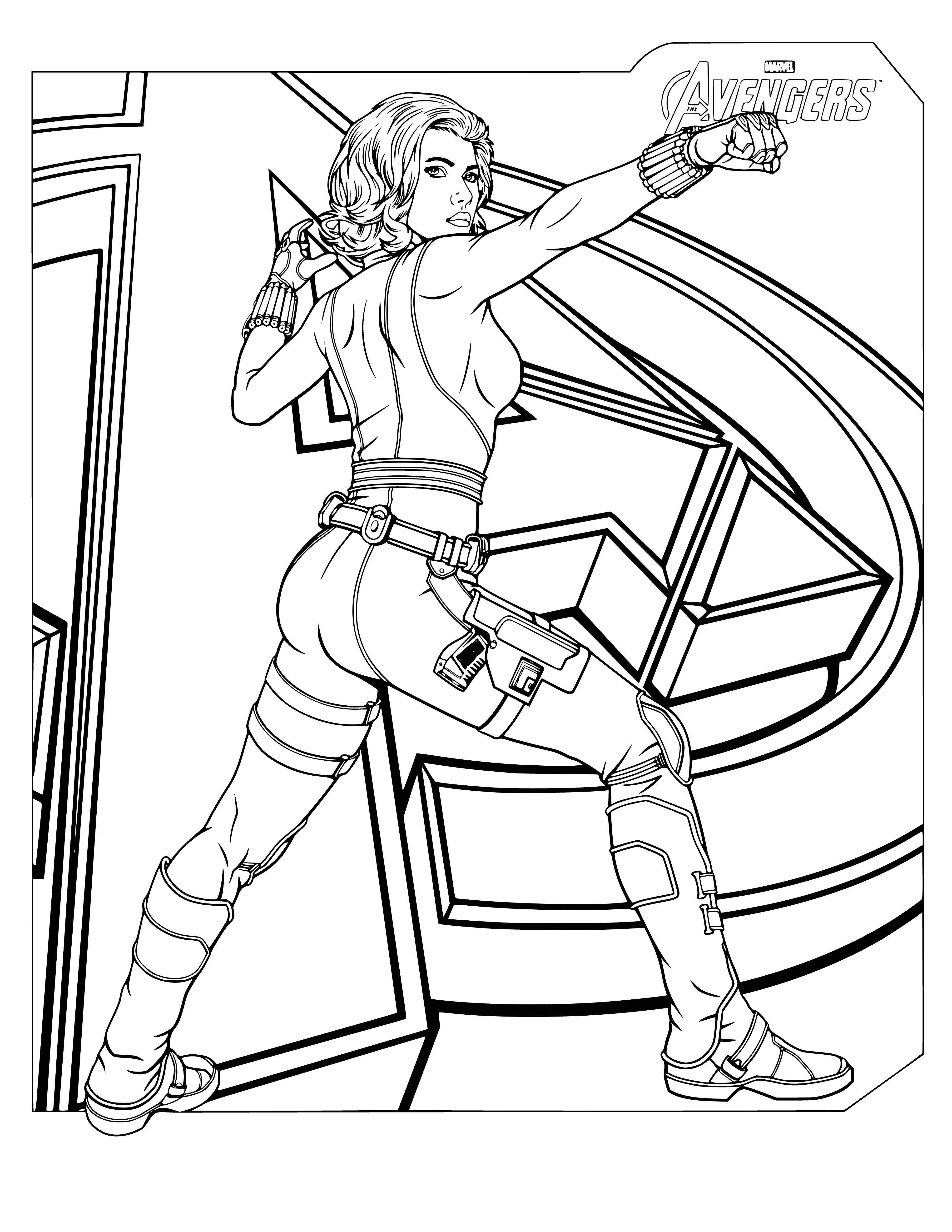 coloring page: Black Widow spider has a red hourglass on its abdomen & sits in center of web. #Avengers
