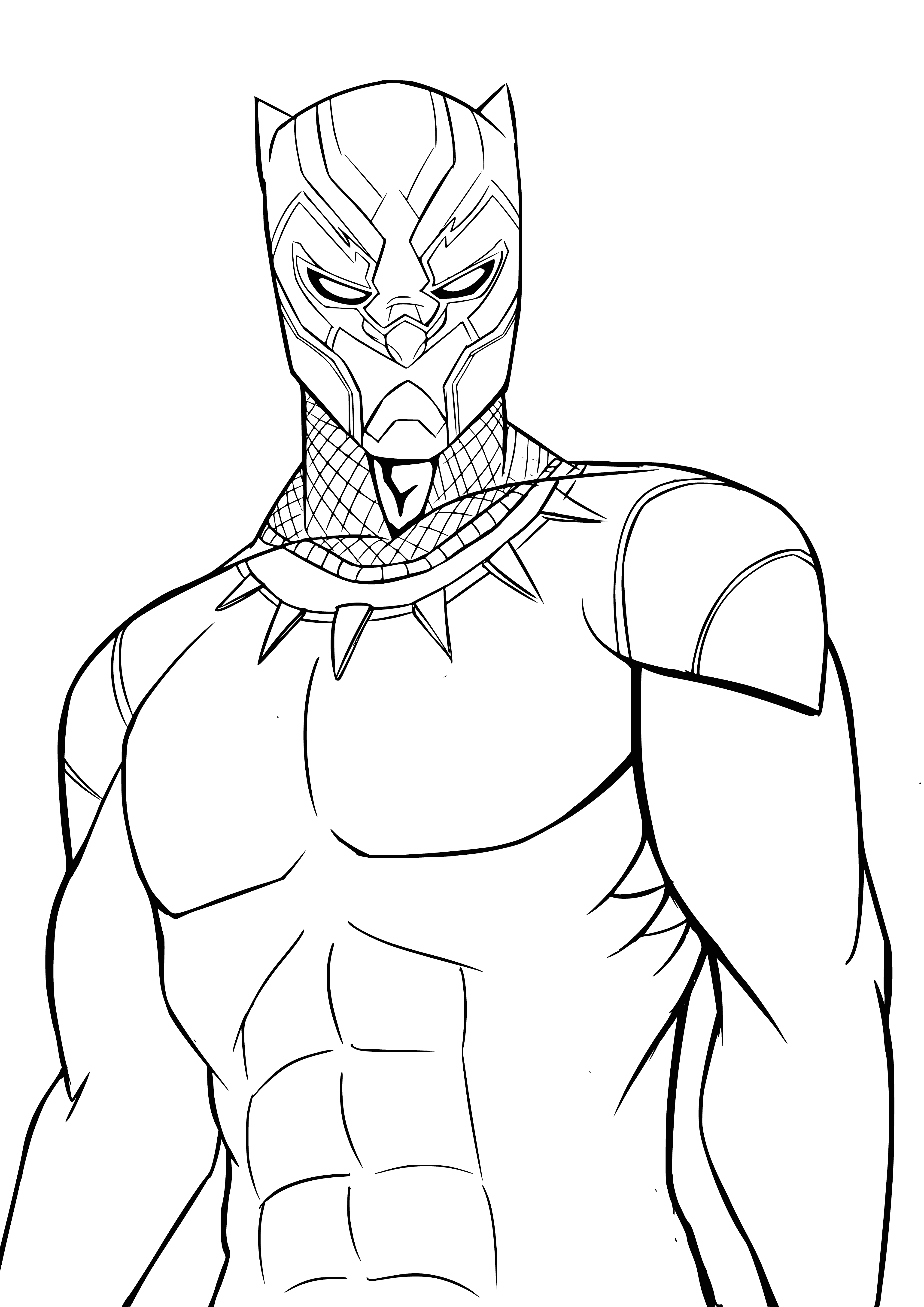 coloring page: The Avengers stand ready to protect their city from a threatening black panther, whose power is shown by glowing eyes, sharp teeth and sleek muscles.
