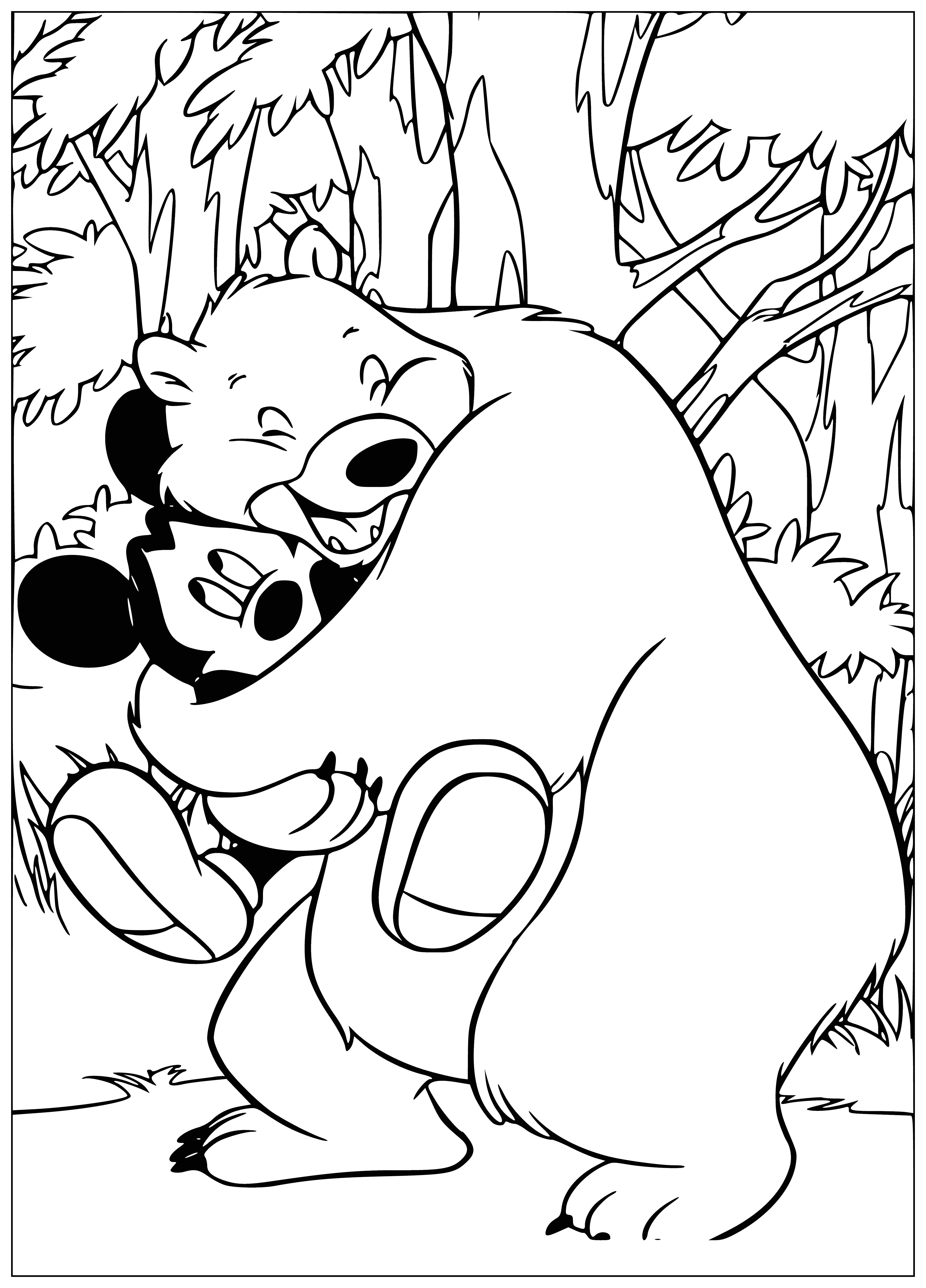 coloring page: Many Mickey Mouse-eared bears surround a large, white bear at the center of the page. Some are brown, white and black. All look to the big bear.