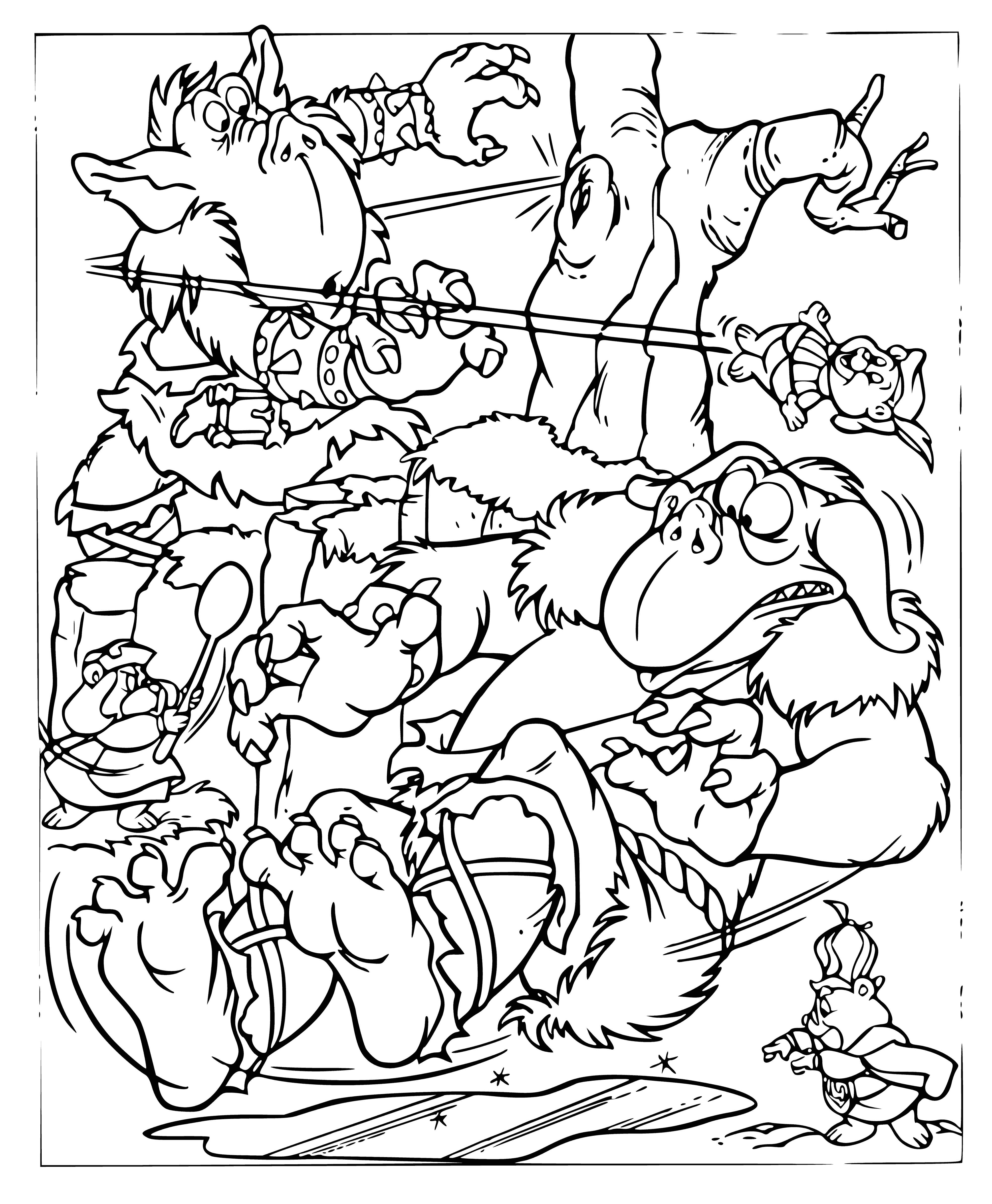 coloring page: Gummi Bears are mythical creatures that are blue, green or purple, with pointy ears and noses and can be seen wearing armor and carrying swords.
