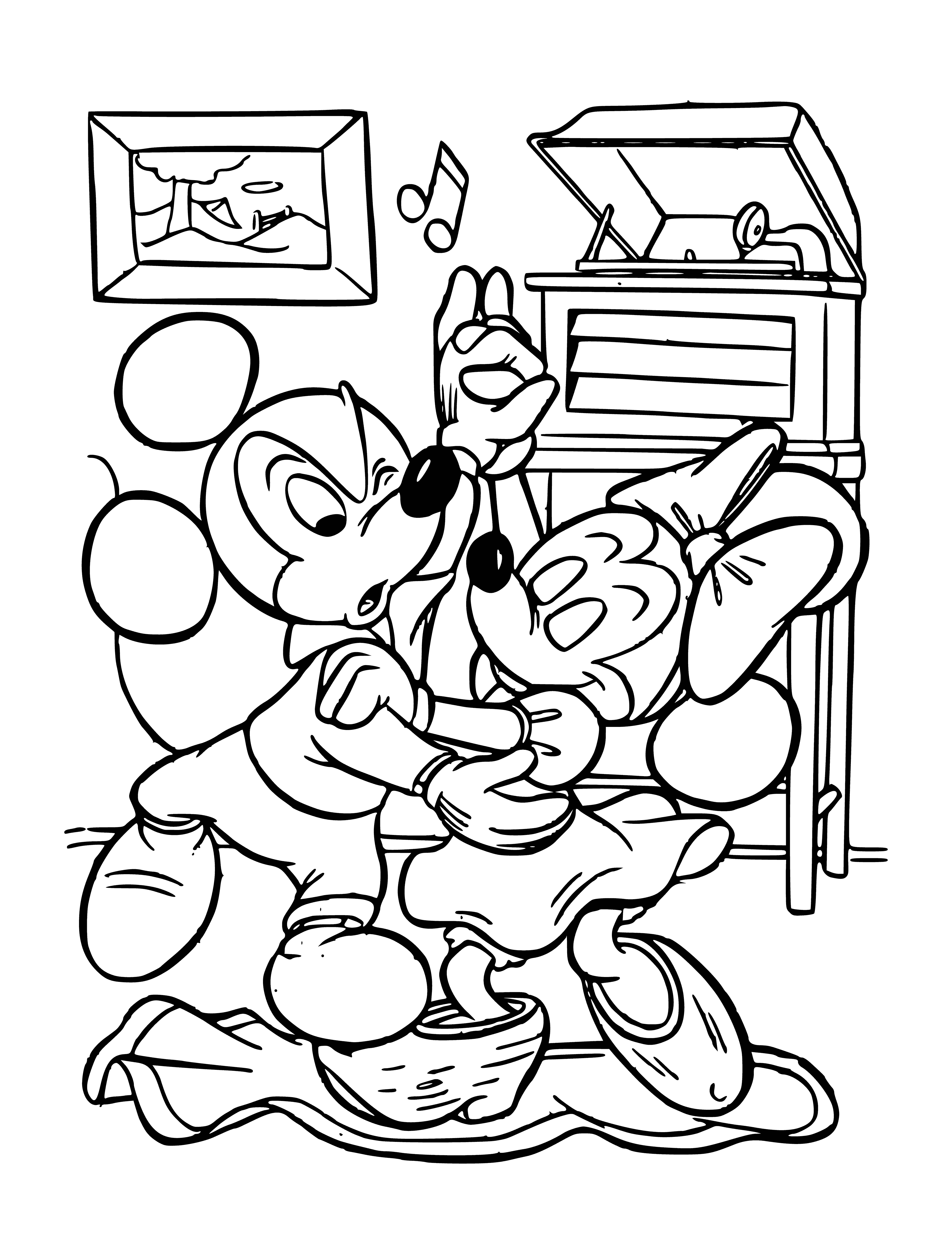 coloring page: 3 Mickey's row: hat tipping, clapping & joyous dancing w/smiles - celebrating being together.