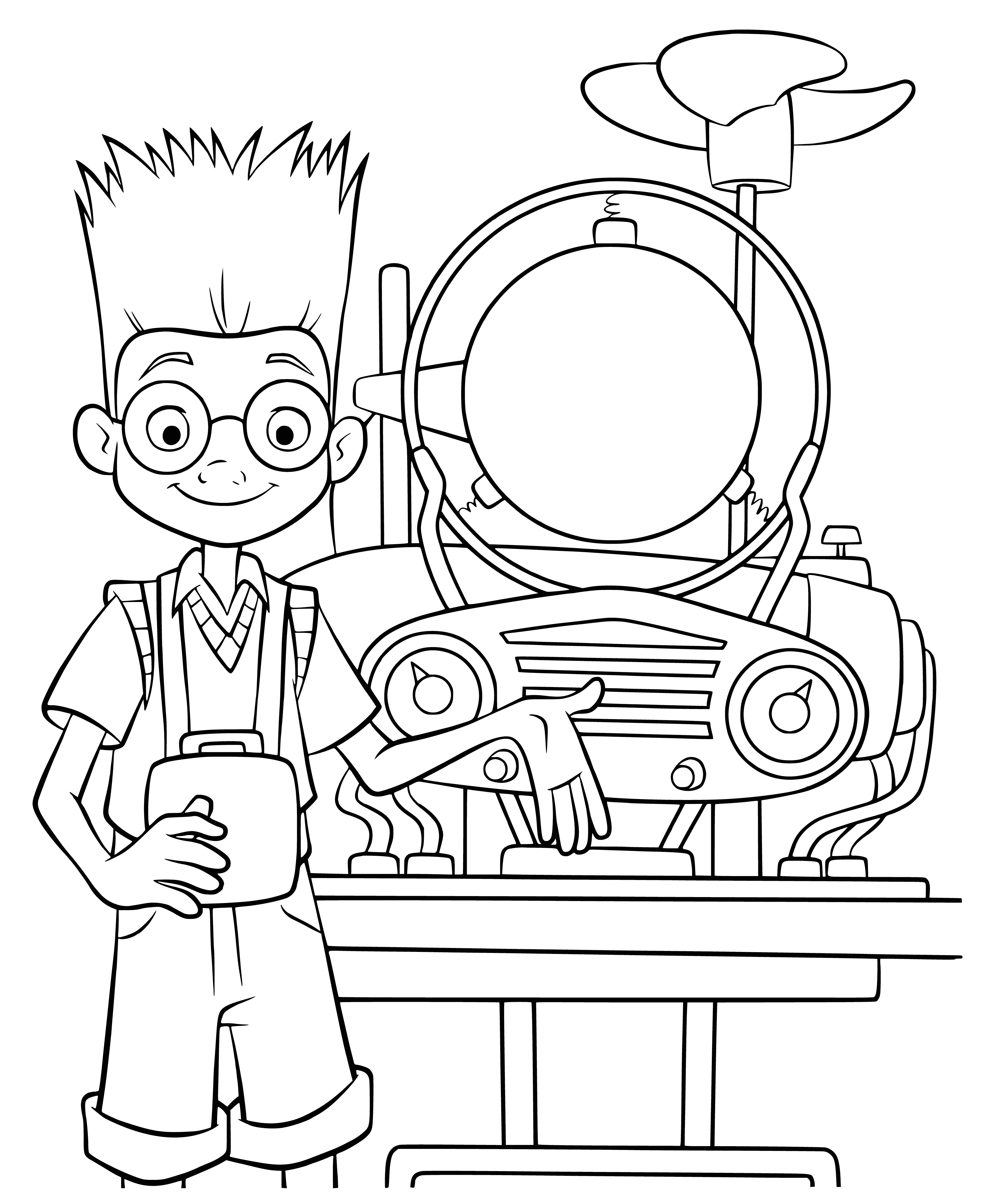 coloring page: Lewis, a budding inventor, is surprised by a revelation & surrounded by inventions. He has posters of famous scientists.