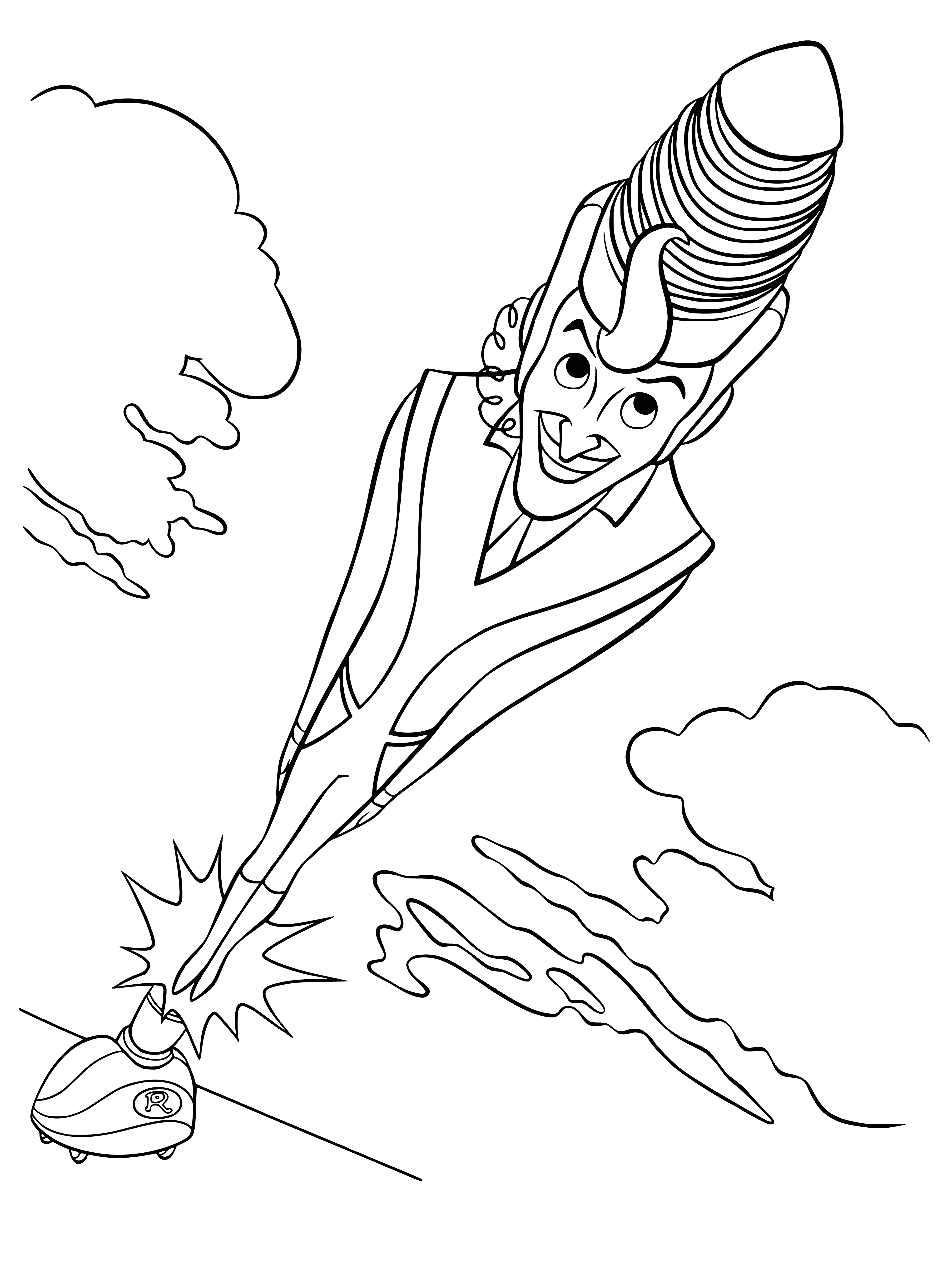 coloring page: Man wears green shirt and blue pants, has red scarf, holds black device with blue light.