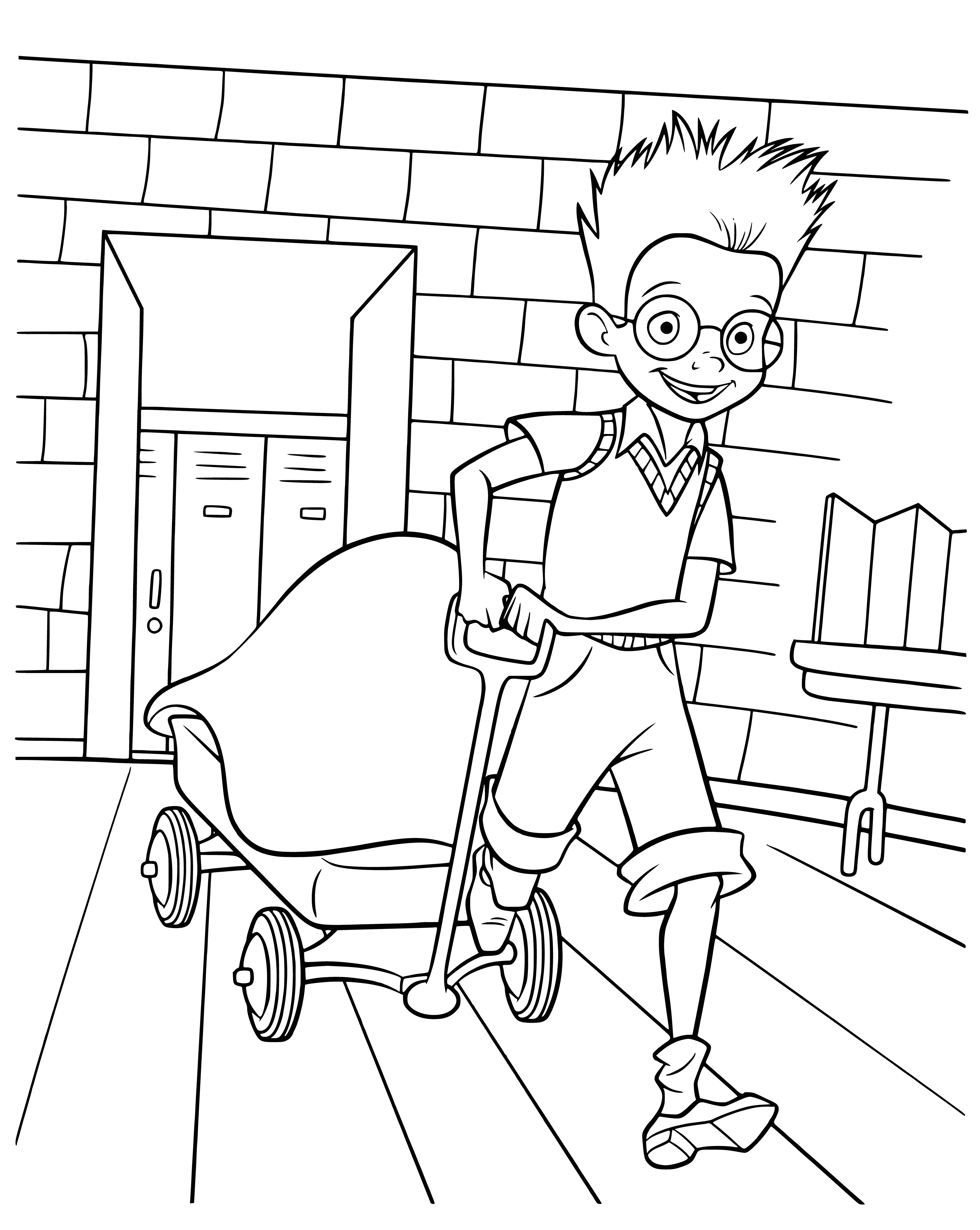 coloring page: Young boy holding up invention: small, round device with handle & lights; 2 buttons; triumphant expression.