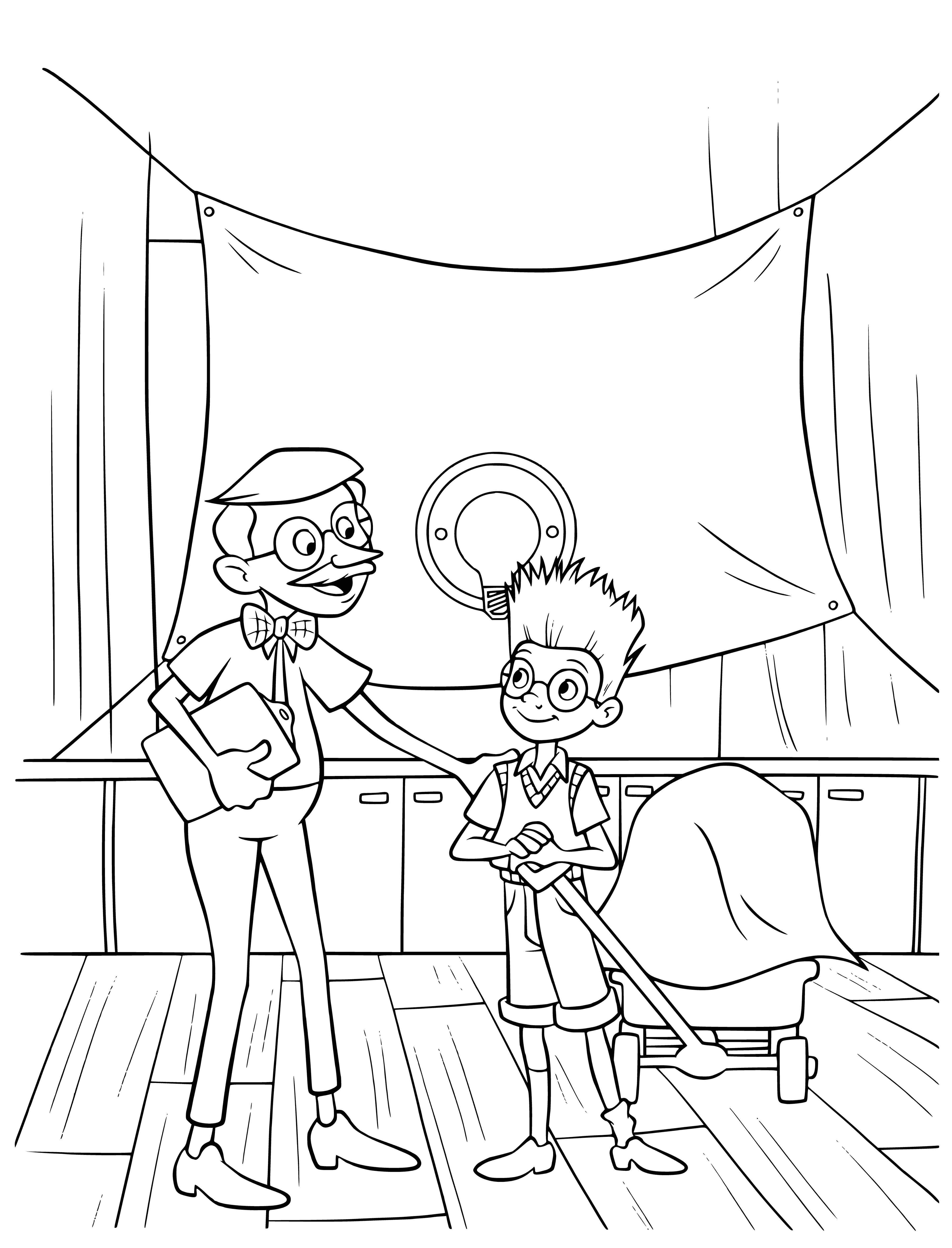 coloring page: Coloring page takes you to an exhibition of inventions, people interacting and learning about the different machines and contraptions. Signs provide info about each one. #machines #contraptions