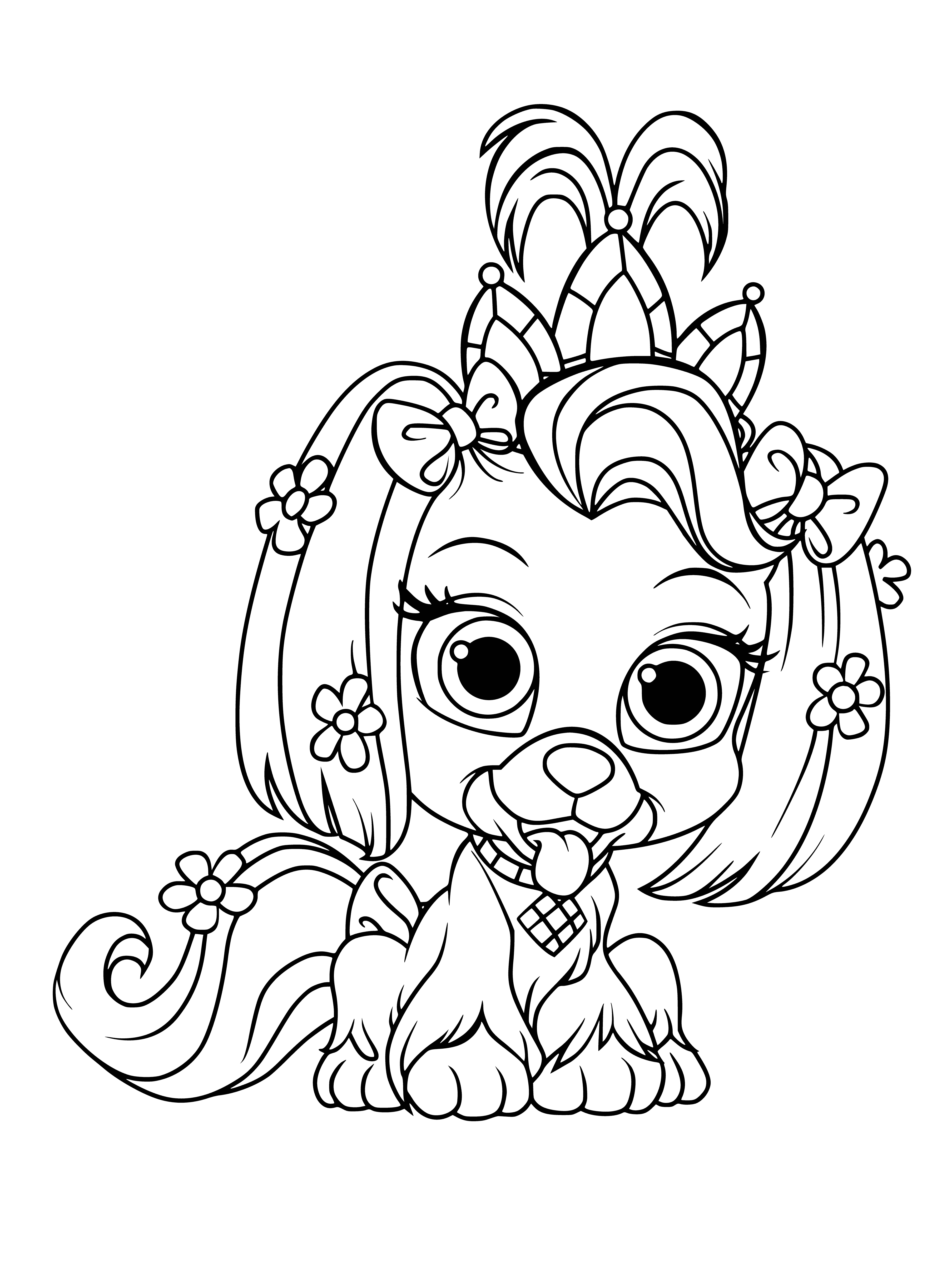 coloring page: Chamomile puppy & Rapunzel pet coloring page: small white w/black spots, brown/white wearing pink collar. #coloringpages