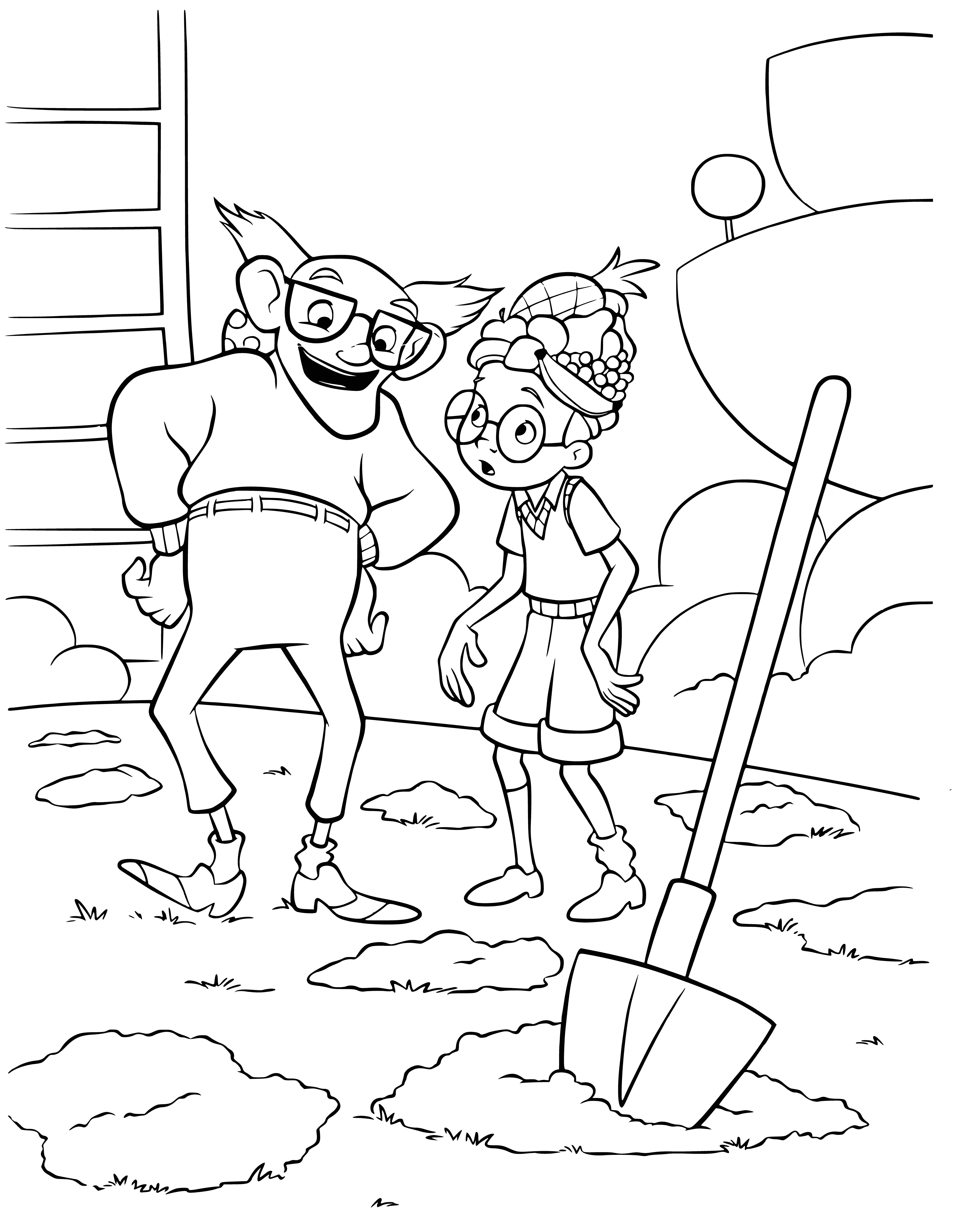 coloring page: Lewis and grandfather smile happily on park bench, him holding baseball in one hand.