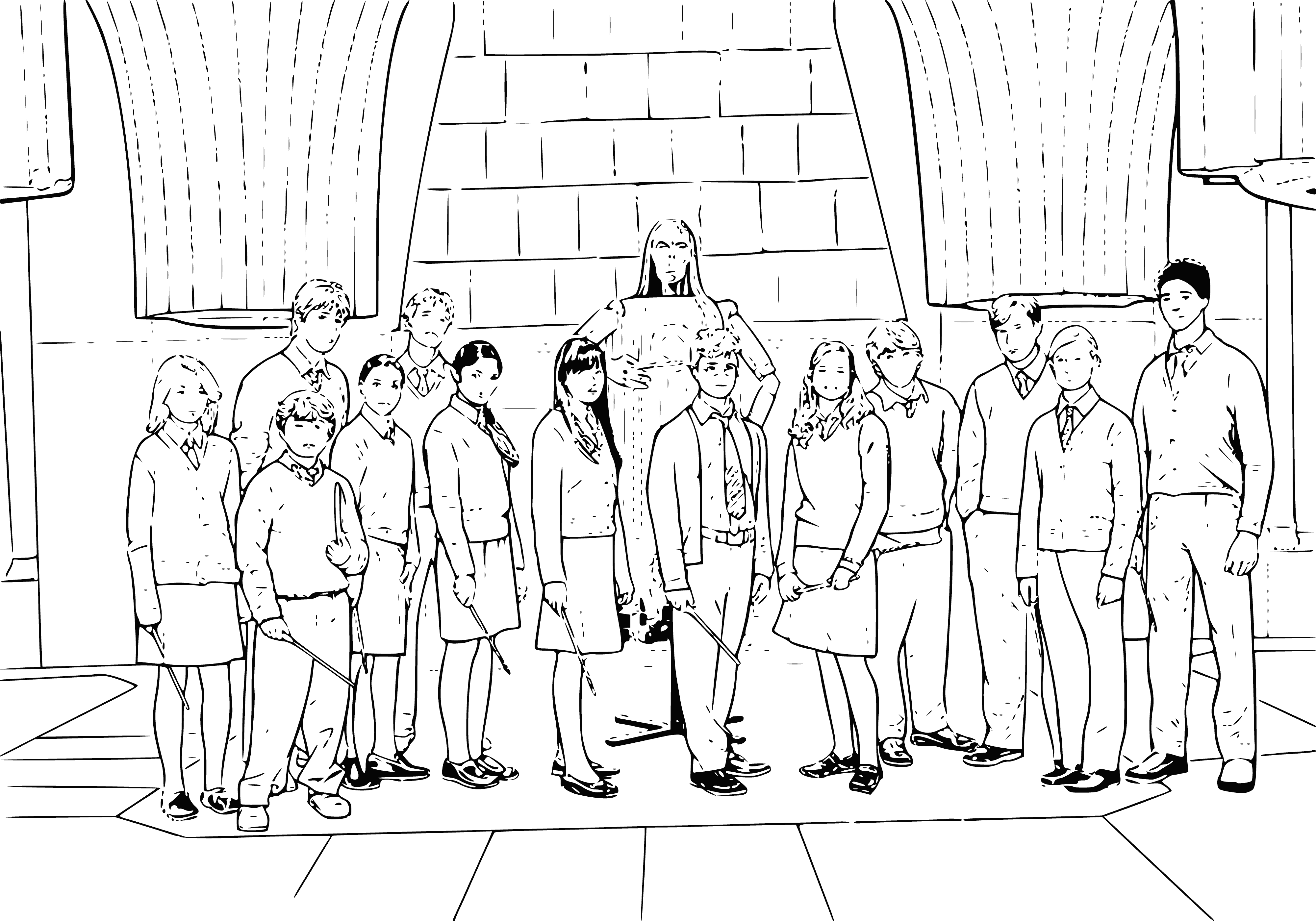 coloring page: Six people wearing colorful robes and scarves gathered together, looking at the camera.