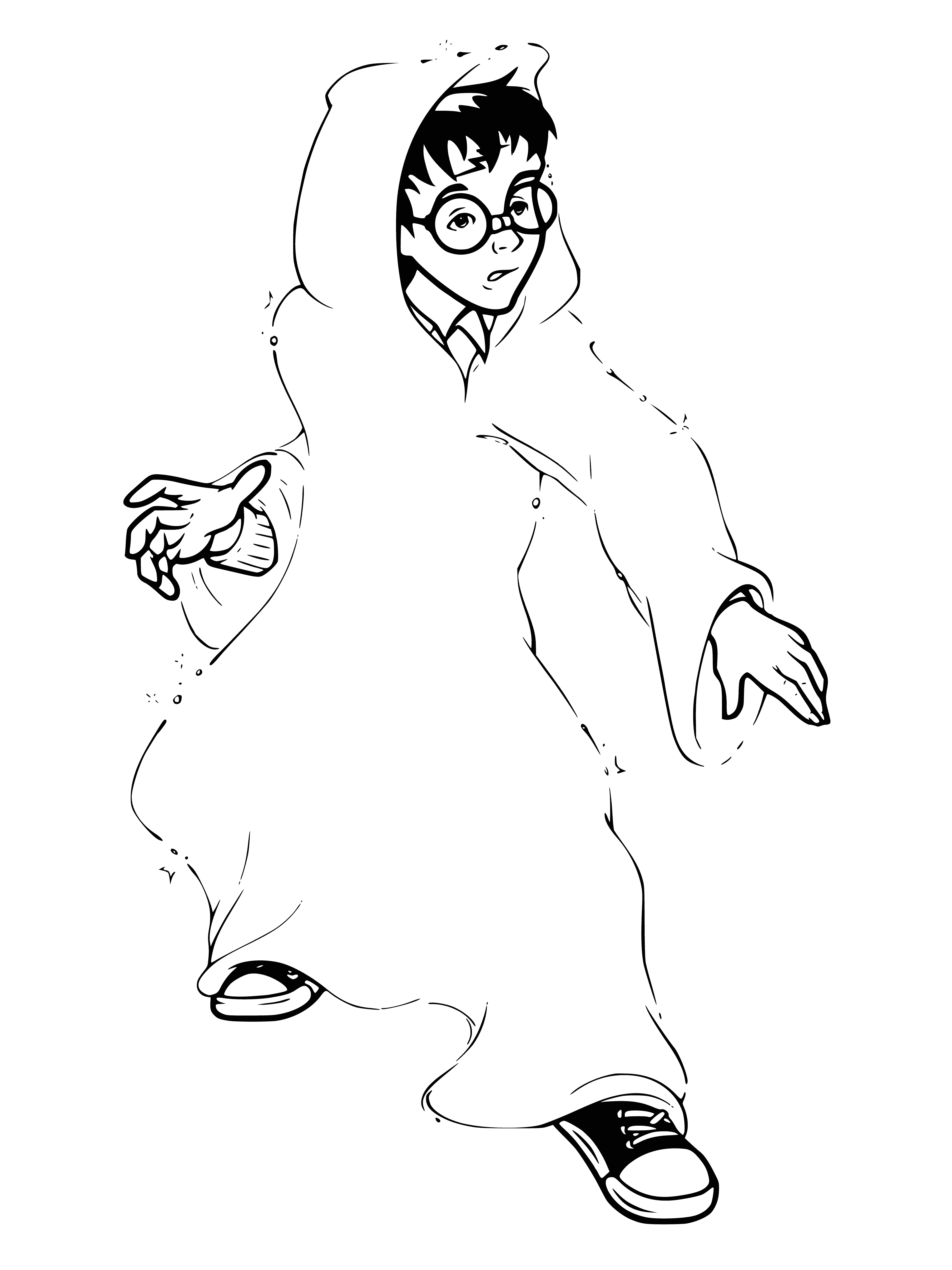 coloring page: Person holds a soft, red velvet cloak, gathered with a gold chain, billowing around their feet.