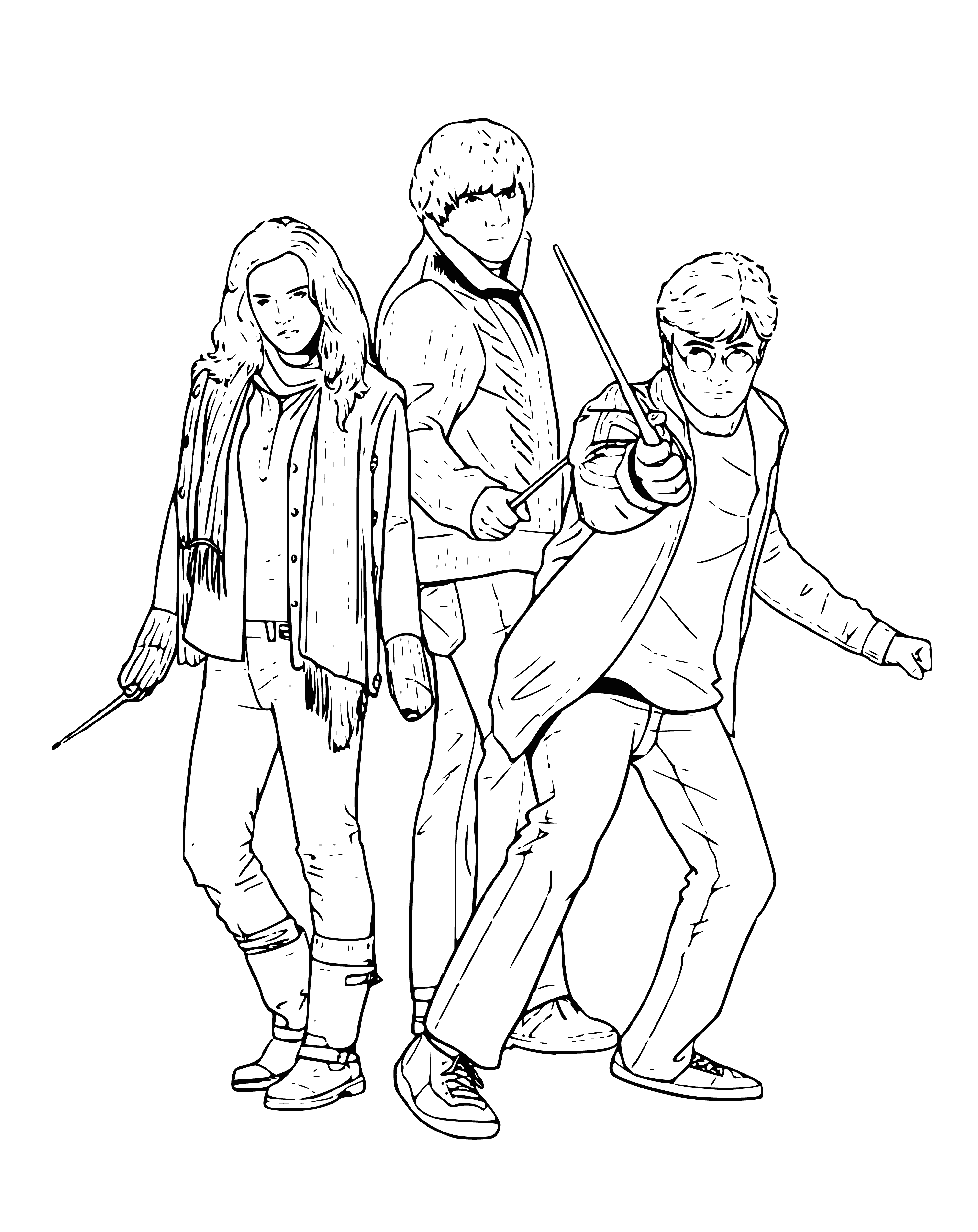 coloring page: Three students fighting unseen enemies, wands raised and determination in their eyes.