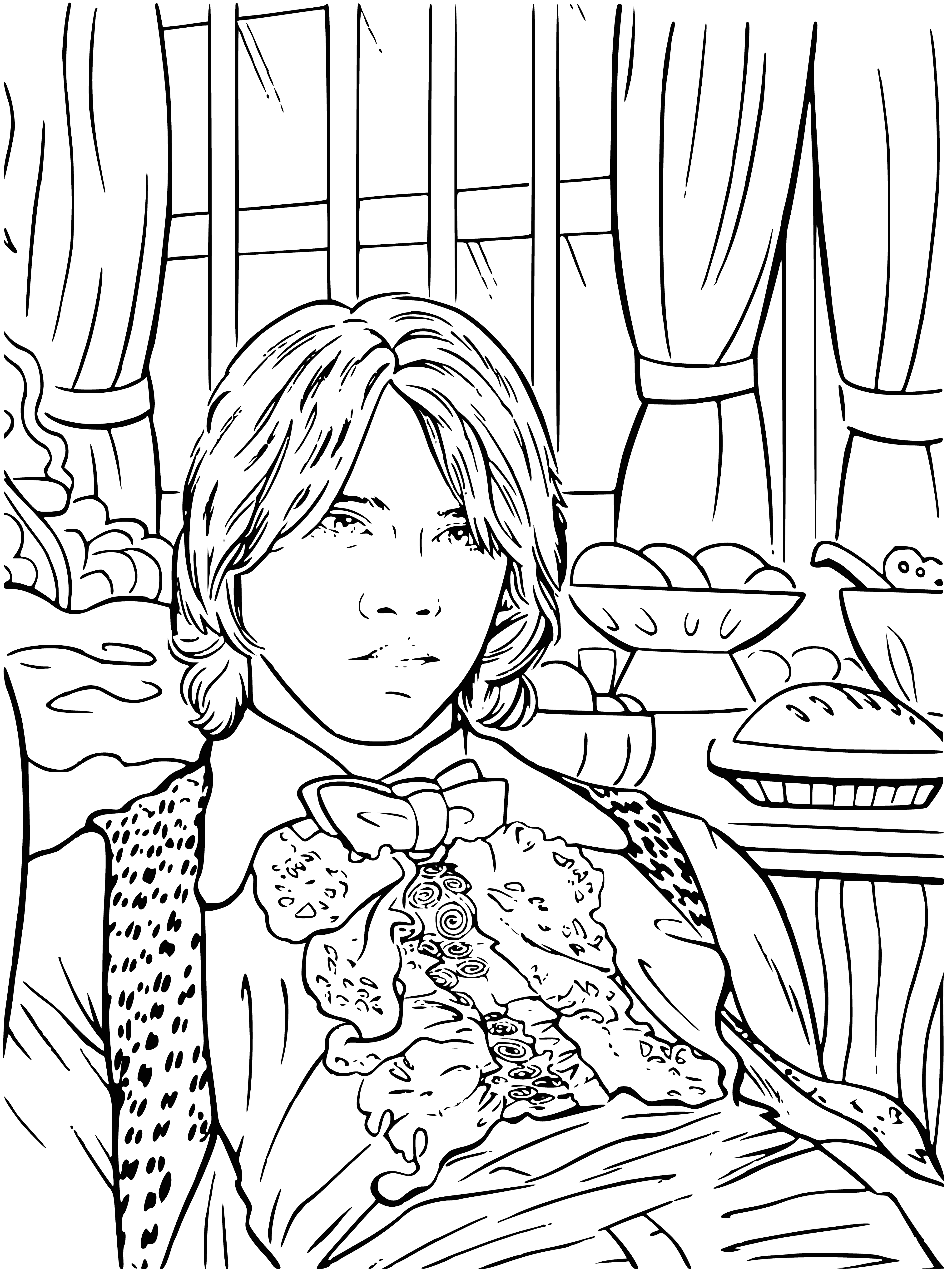 coloring page: Ron Weasley is an athletic redhead with glasses, wearing a Gryffindor scarf and ready to help Harry. #friendsforever