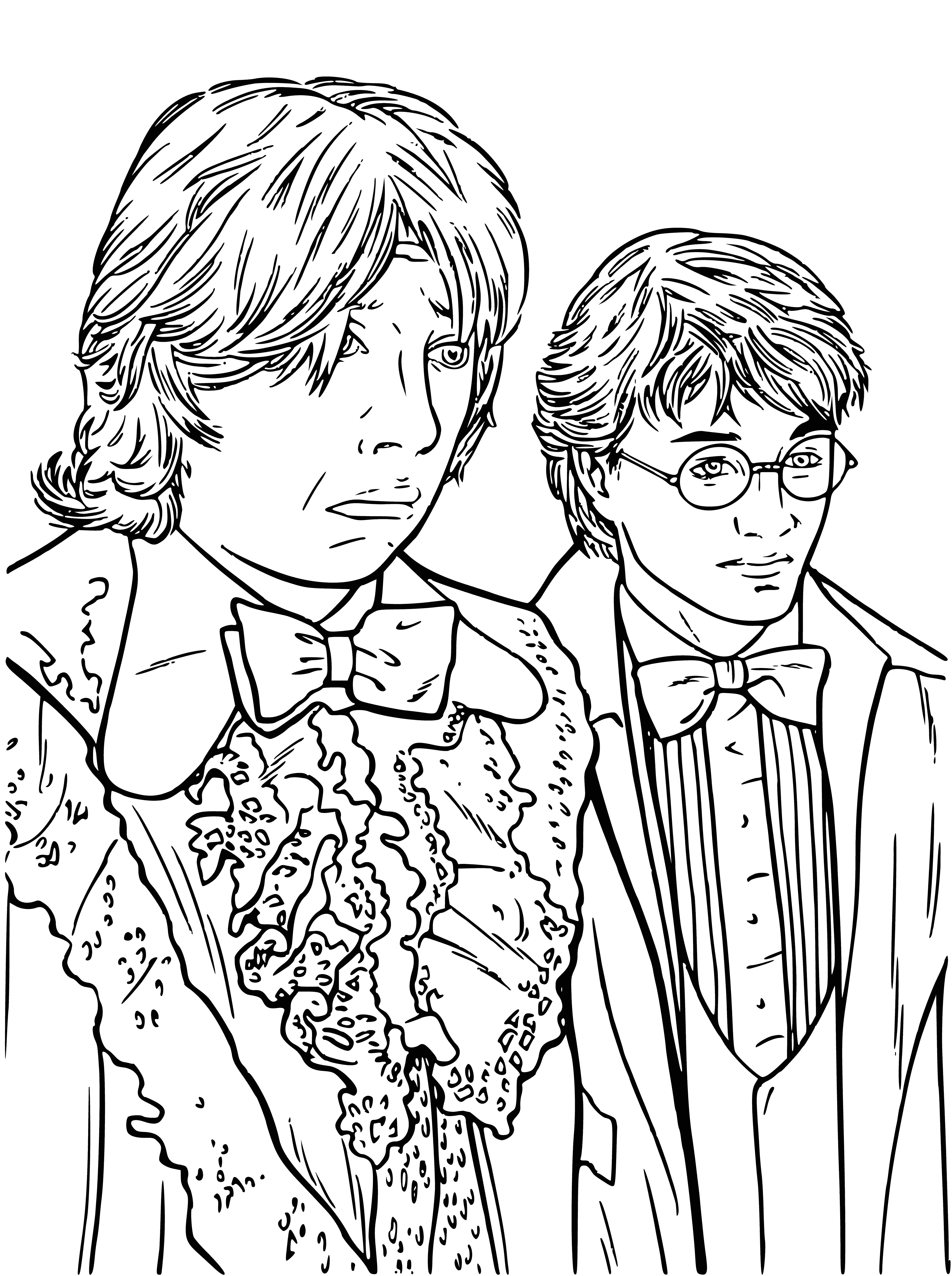 coloring page: Harry & Ron arm-in-arm in suits & ties walk down a hallway, ready for a formal event.