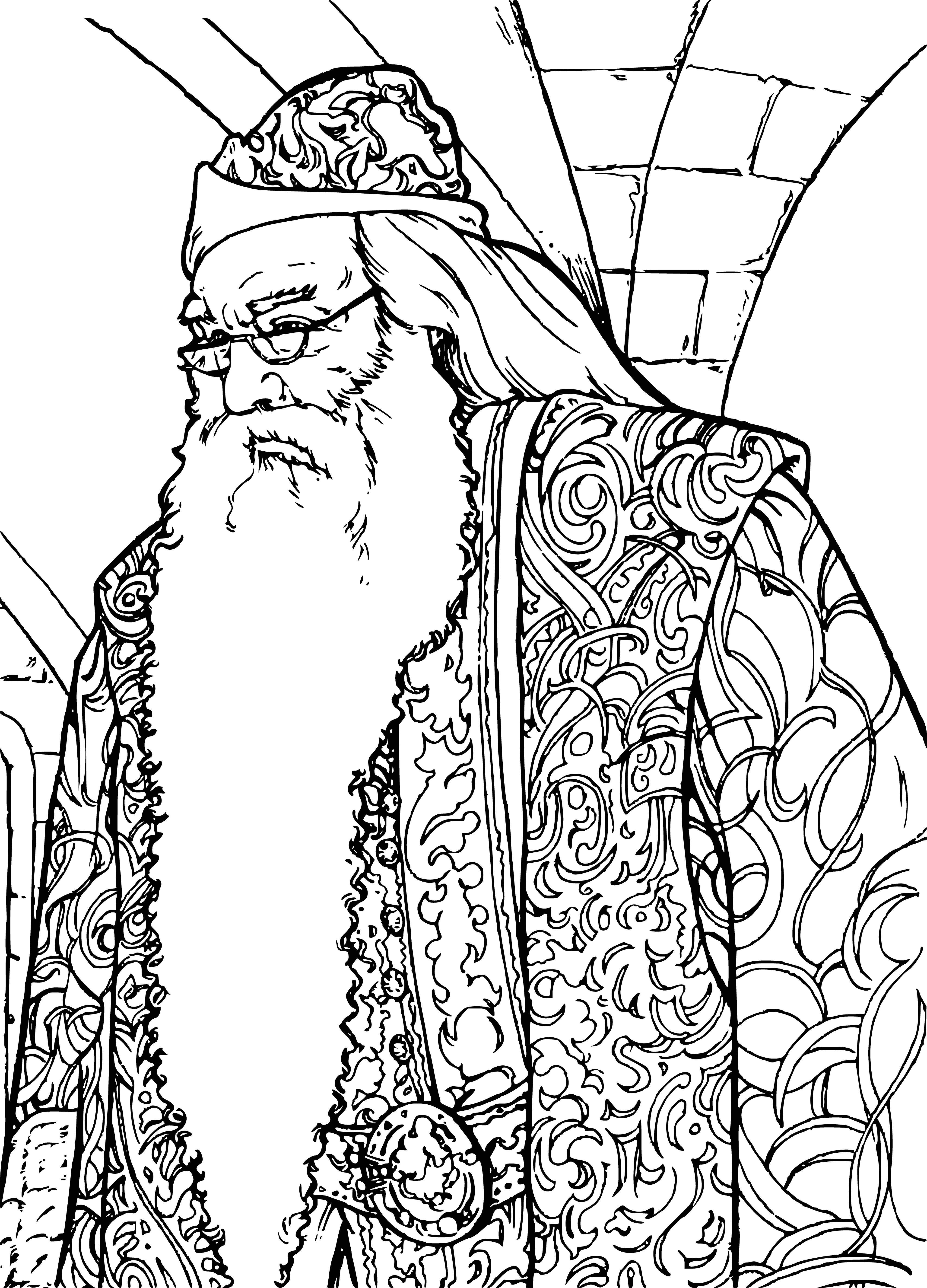 coloring page: Kind, wise Dumbledore has silver hair, beard & robes. Twinkling blue eyes make him look like he knows a lot about magic.
