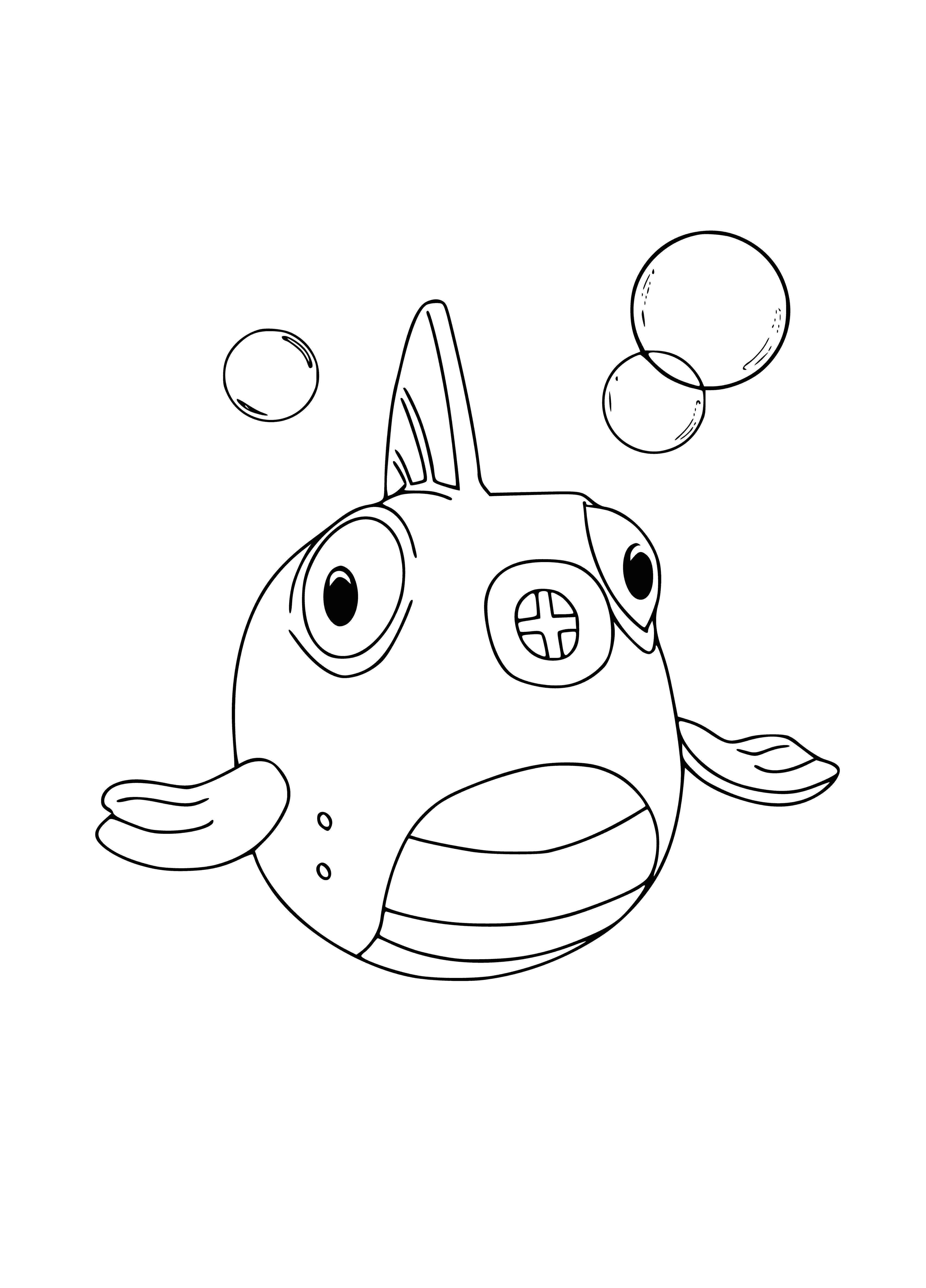 coloring page: A pink and purple fish with a bandage and yellow star on its head & two blue eyes.