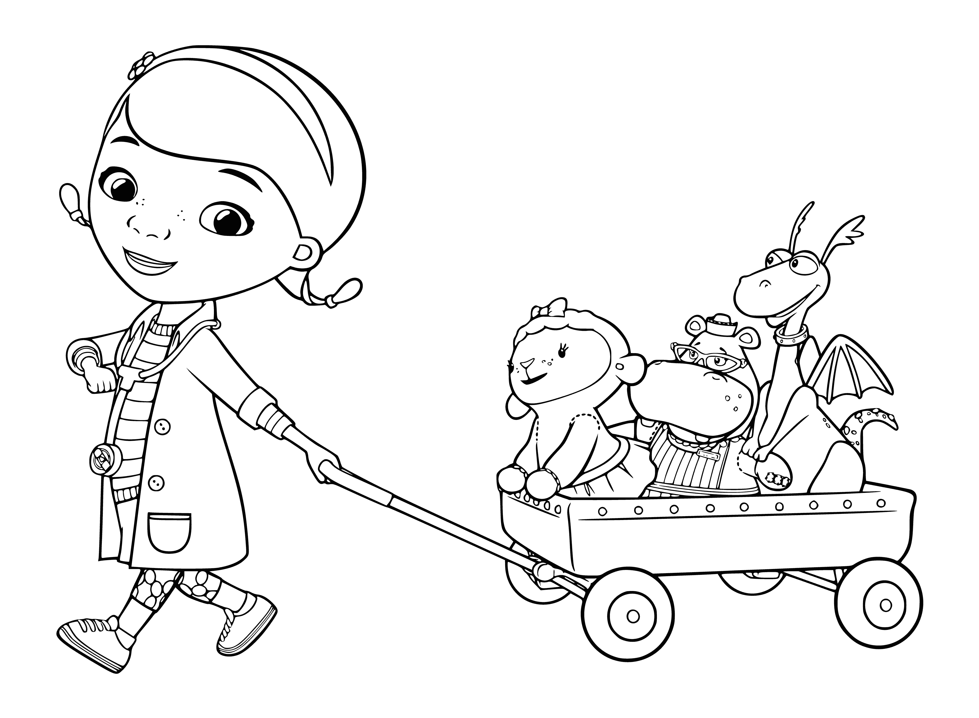 coloring page: Doc McStuffins is a doctor who helps her friends. She's surrounded by happy, healthy stuffed animal pals in a coloring page. #kidsactivities