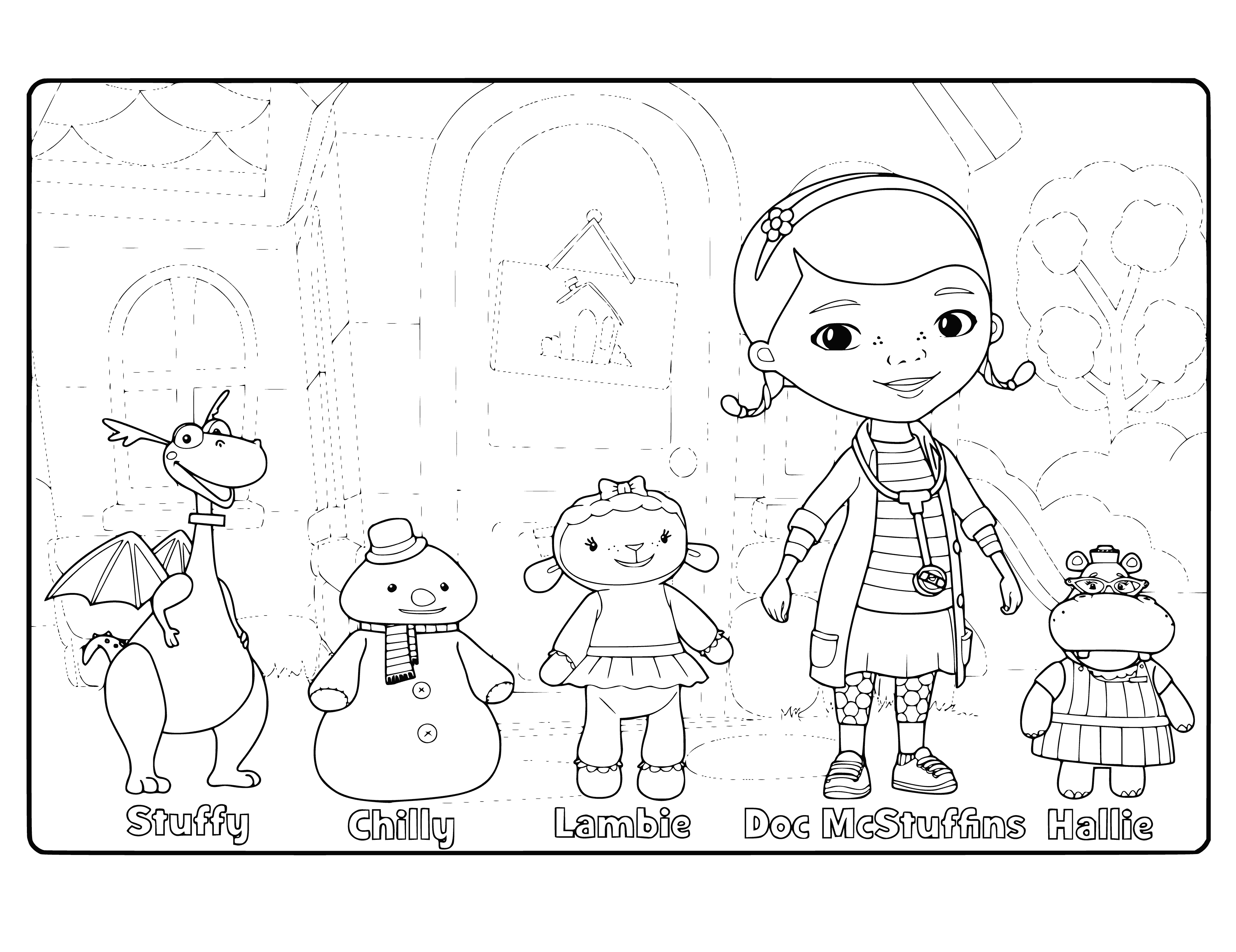 coloring page: Doctor Plusheva and friends help sick animals get better at the hospital. #helpout