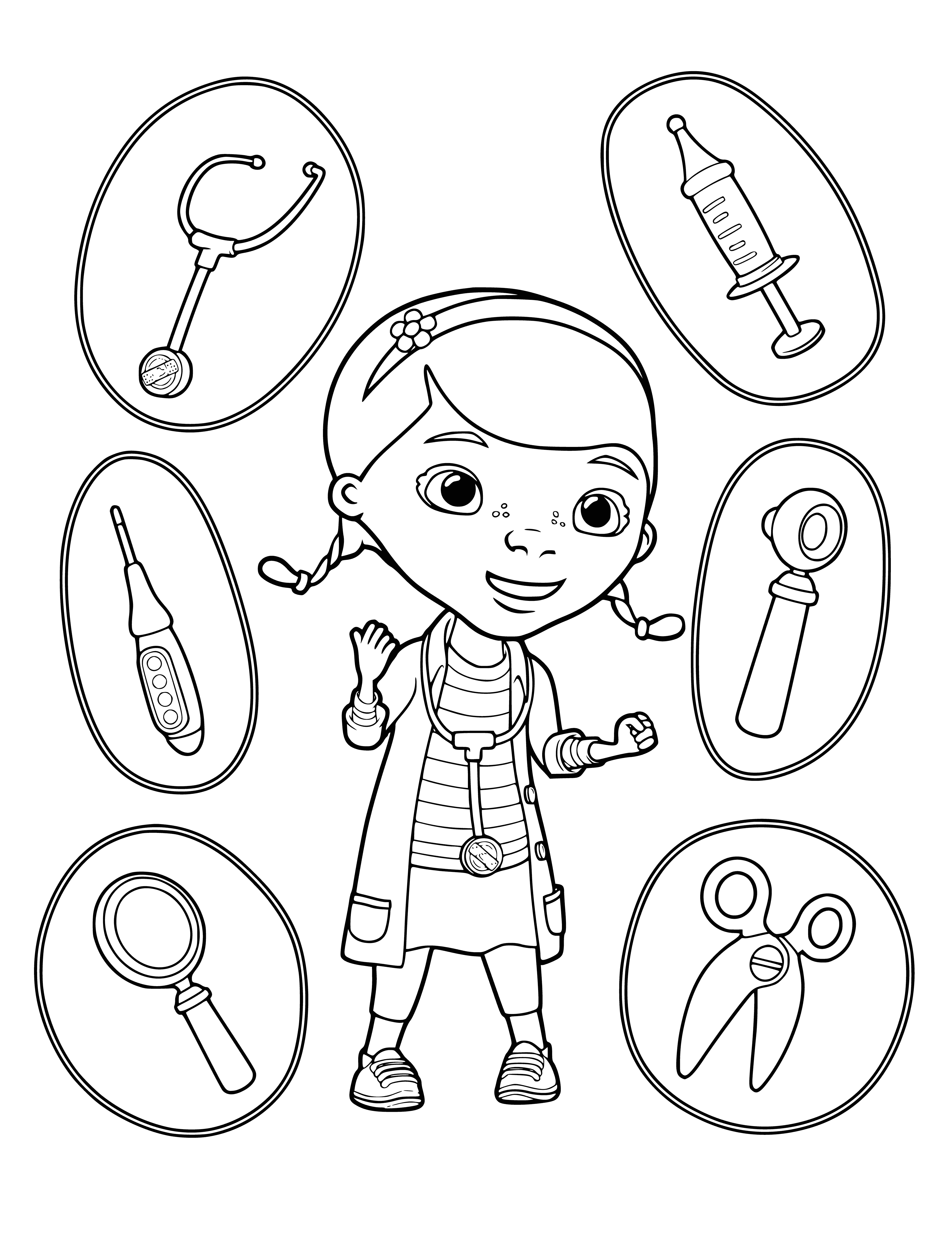 coloring page: Adorable Doc McStuffins Dotty plush w/ cuddly tools, mostly white w/ purple spots - perfect for the little doctor in your life!