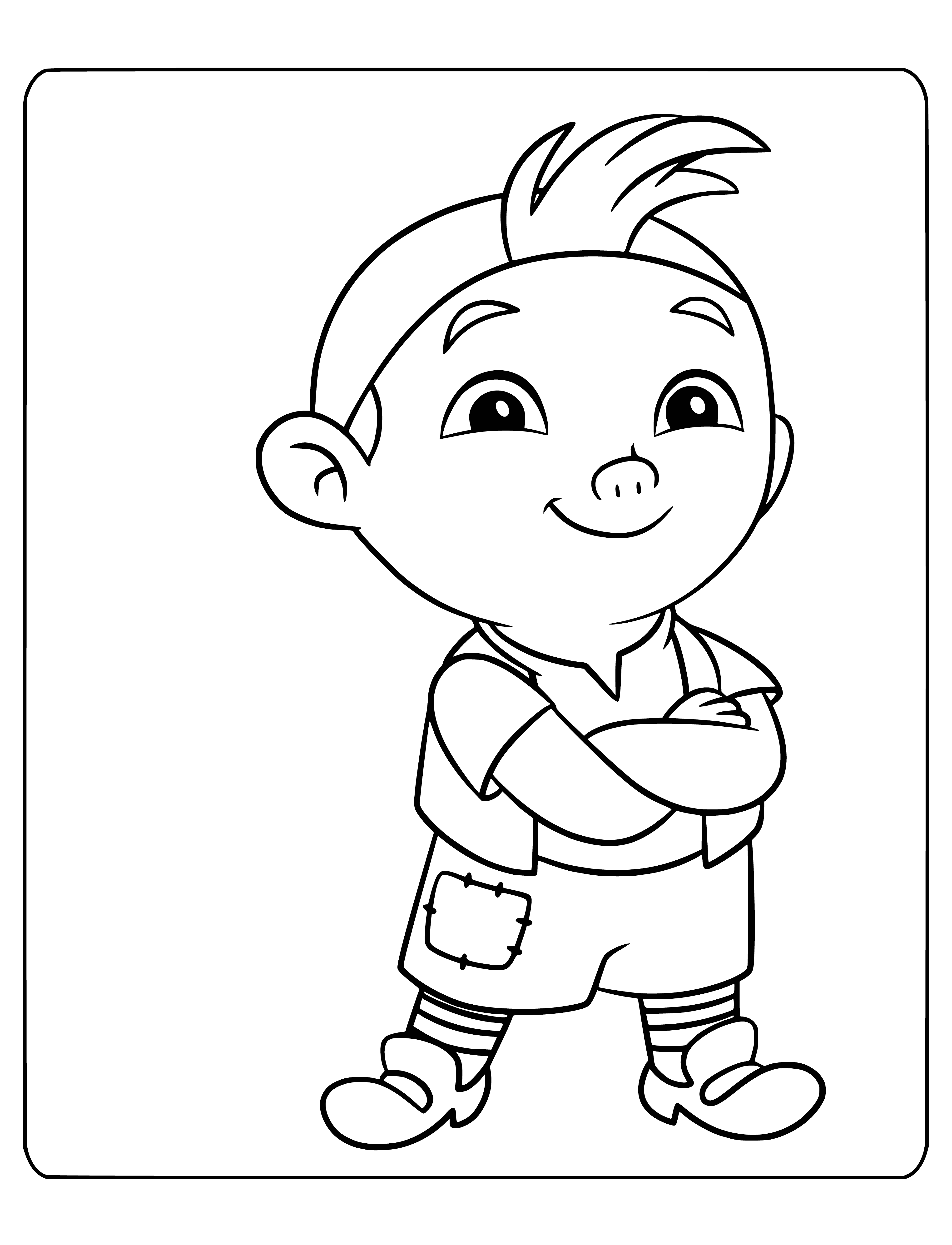 coloring page: Cubby stands at the beach with blue-and-white stripes, blue shorts, a brown bandana, & an orange fish!