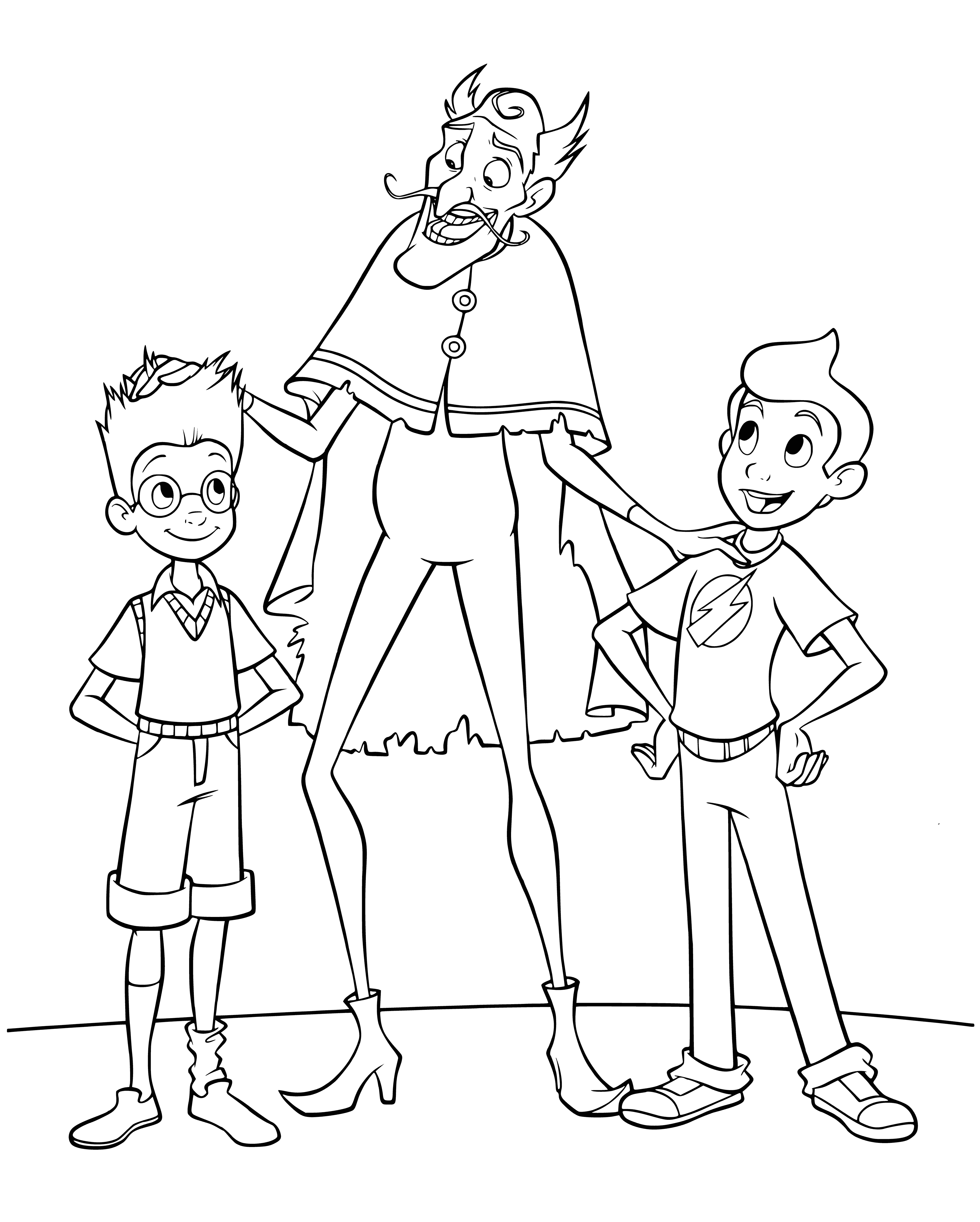 coloring page: Boy with red hair looks up to a big blue & white robot with red eyes, 2 small figures in left corner. Boy with arms outstretched.