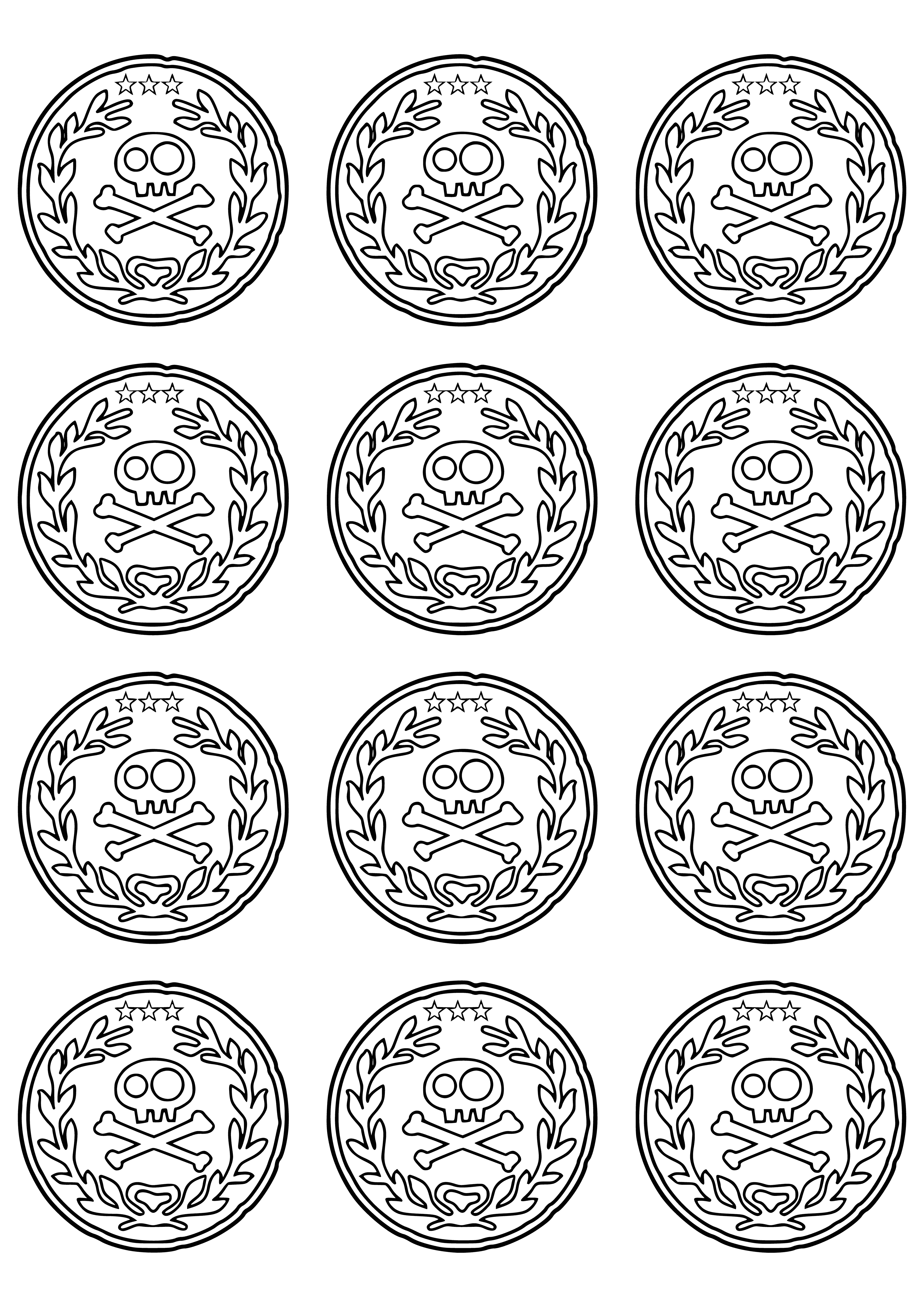 coloring page: Five golden coins in a circle, connected to a central skull, against a black background.