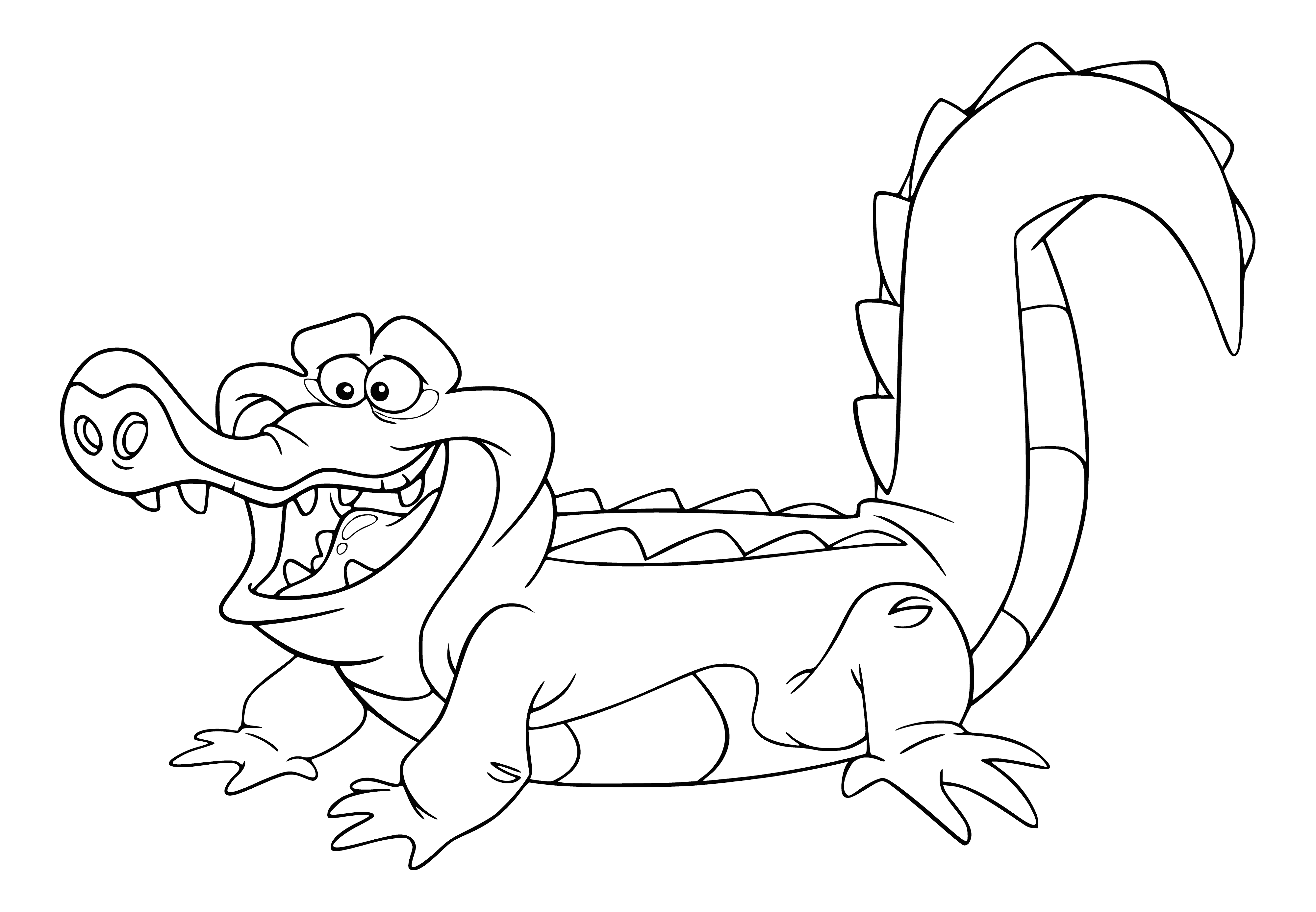 coloring page: Crocodile Tick-Tock chases Jake & the Never Land Pirates, wearing a pirate hat & a clock on his belly. He has big, sharp teeth! #coloring