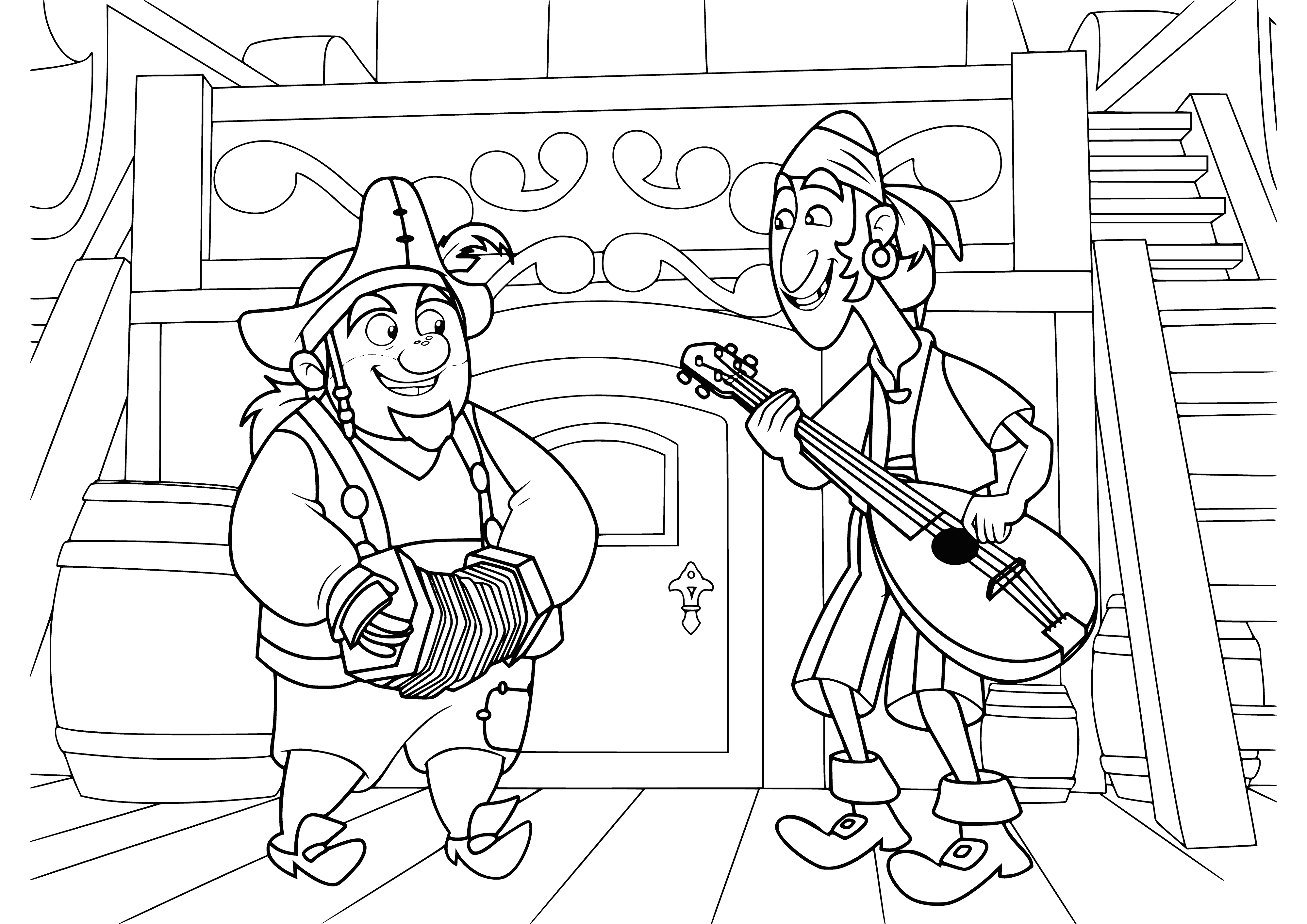 coloring page: Pirate musicians Jake & friends make music, happy & excited playing different instruments & singing.