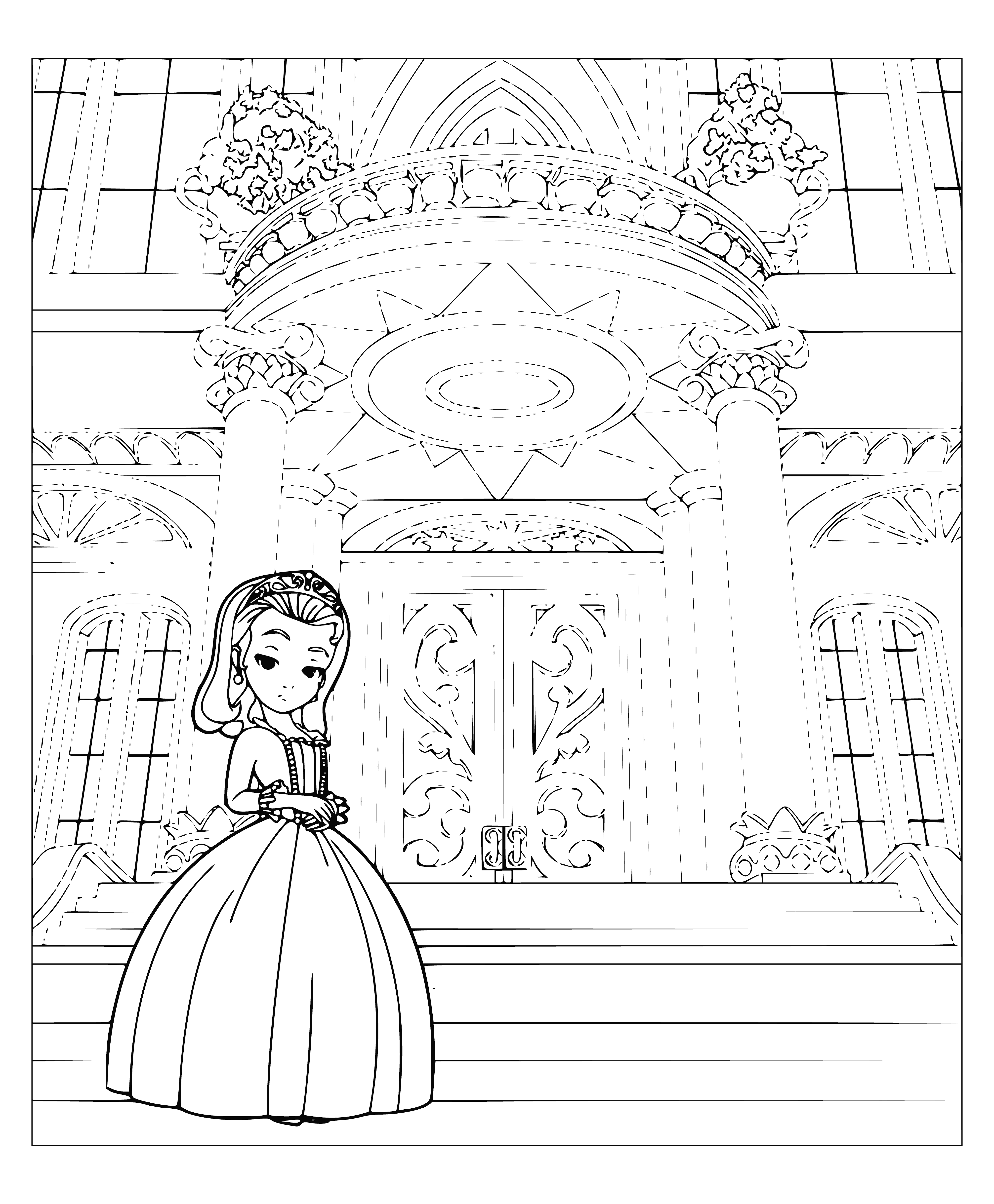 coloring page: Sofia & Princess Amber hug, wearing stunning dresses: Sofia in pink with tiara, Amber in orange with golden necklace.