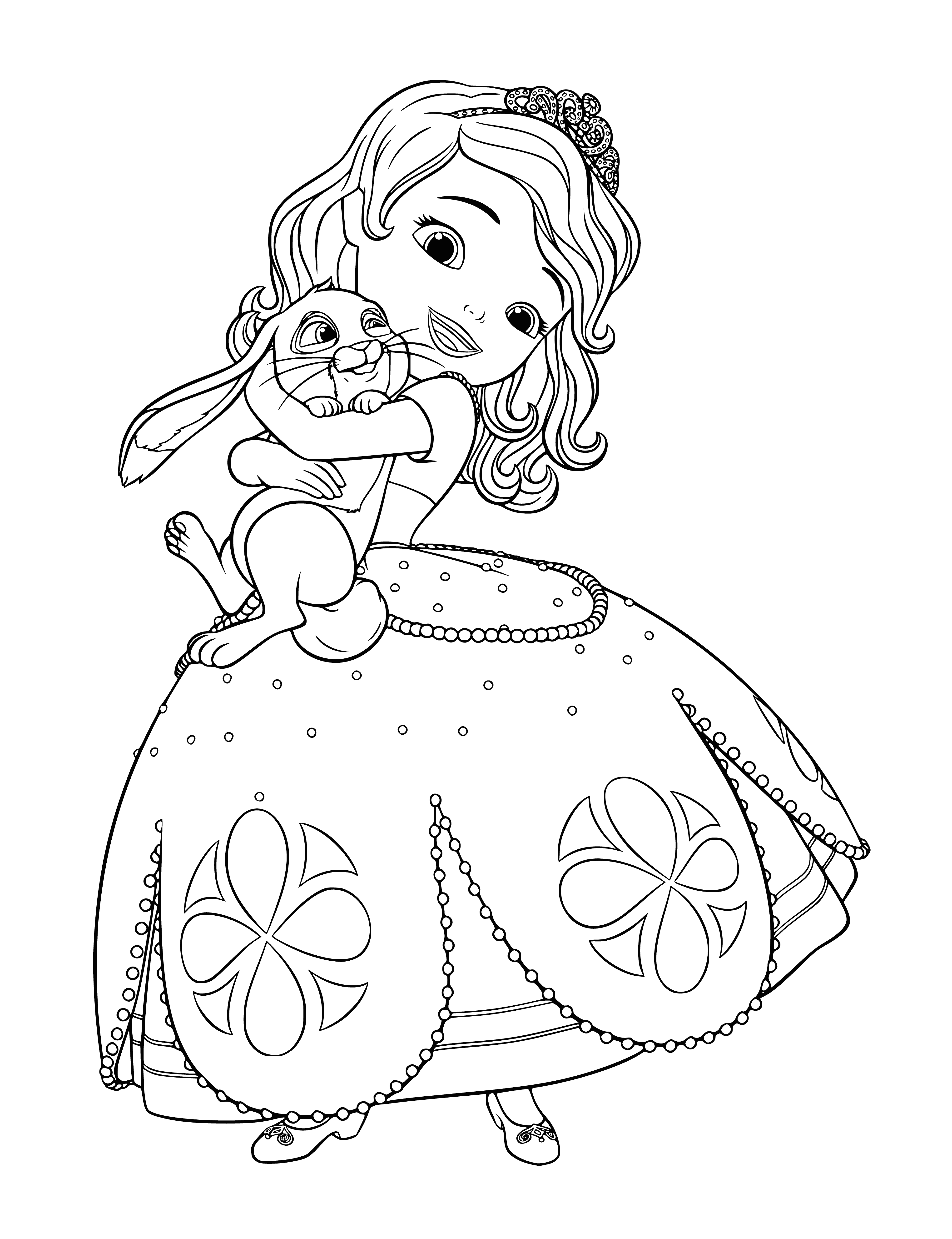 coloring page: Sofia and Clover, friends dressed up in princess outfits, smile happily together for the camera.