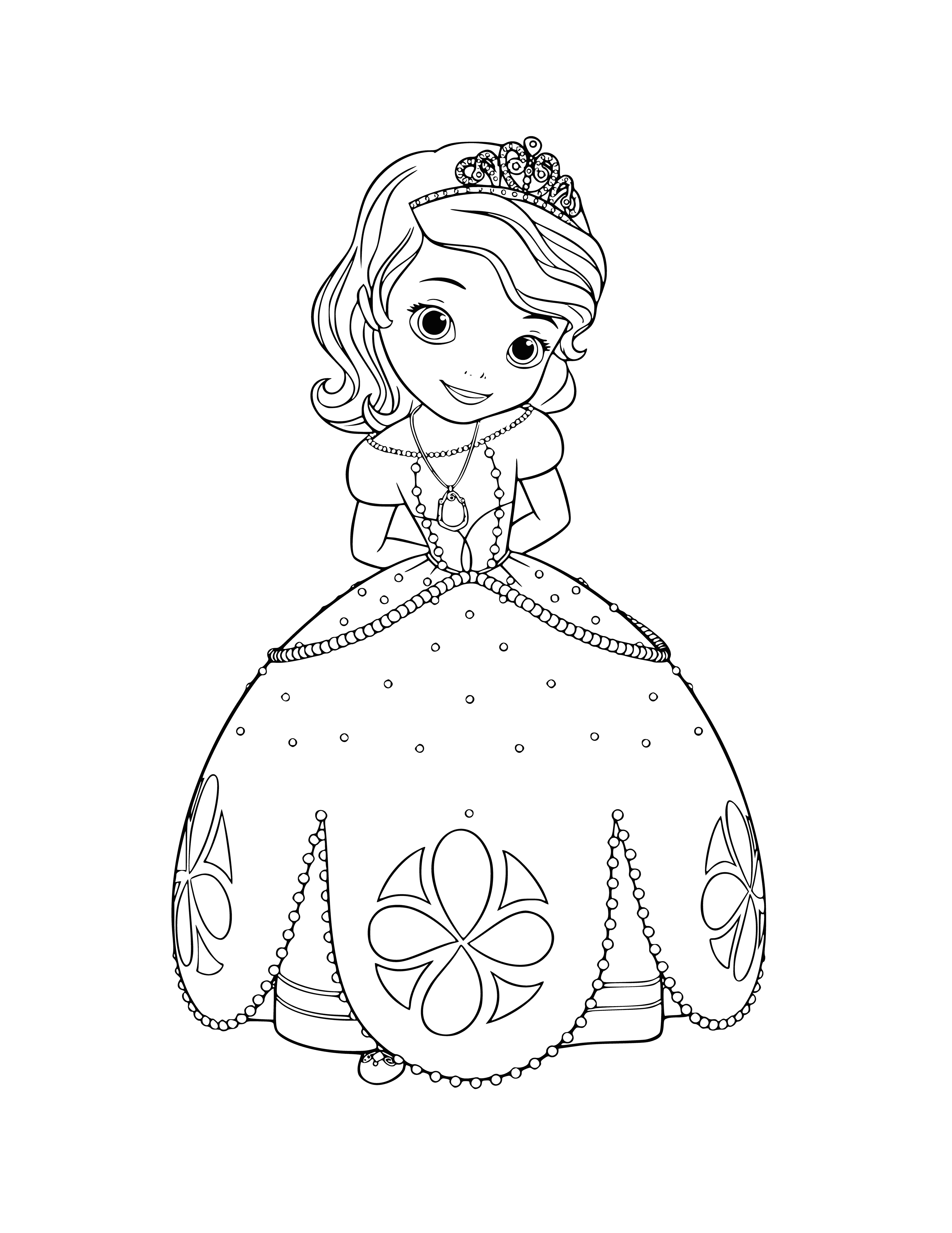 coloring page: Sofia sits in a princess chair in a purple dress, crown on her head, reading a book while having a tea set before her.