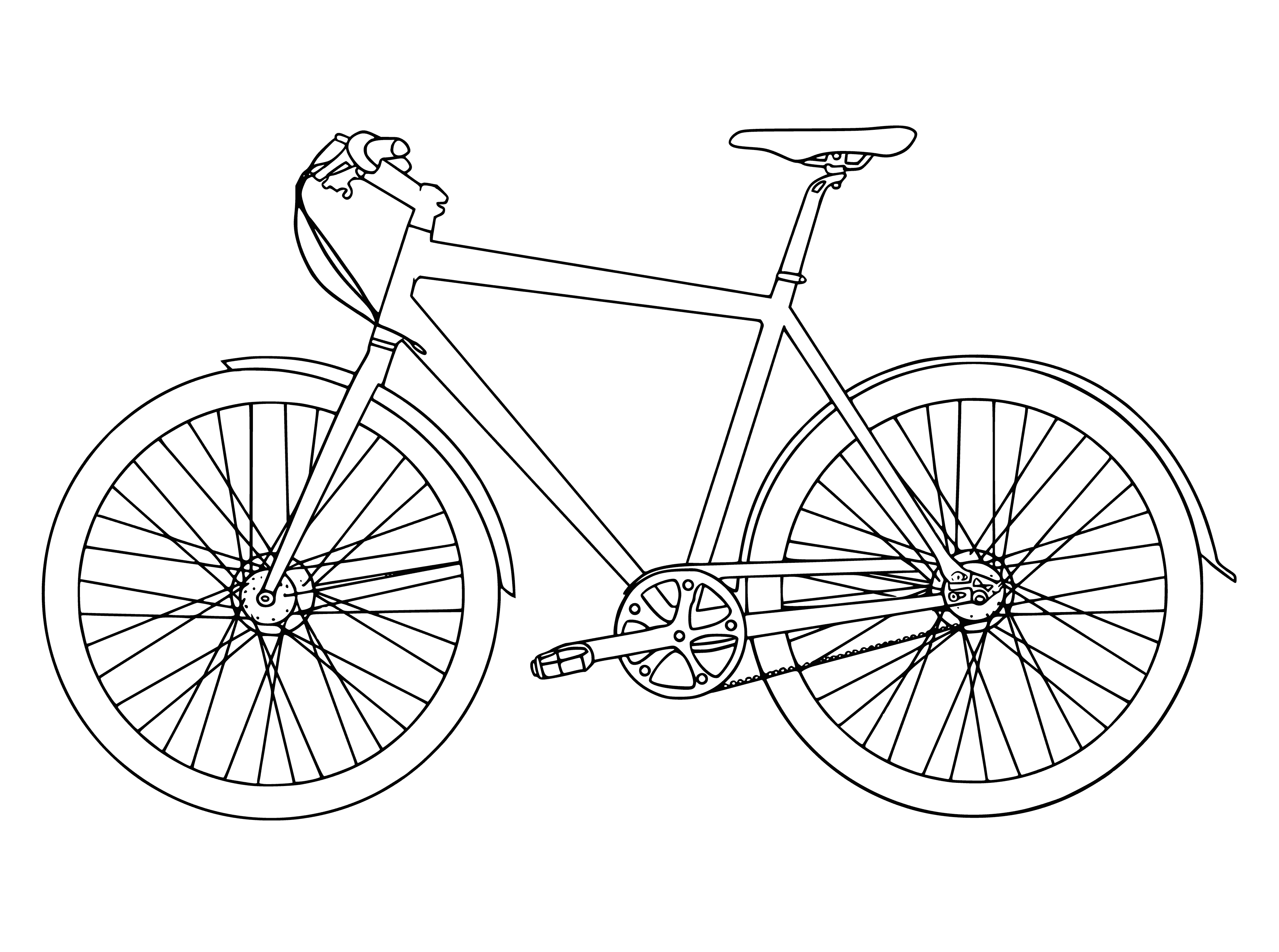 coloring page: A black and silver bike with two wheels and a seat. You make it move by pedaling.