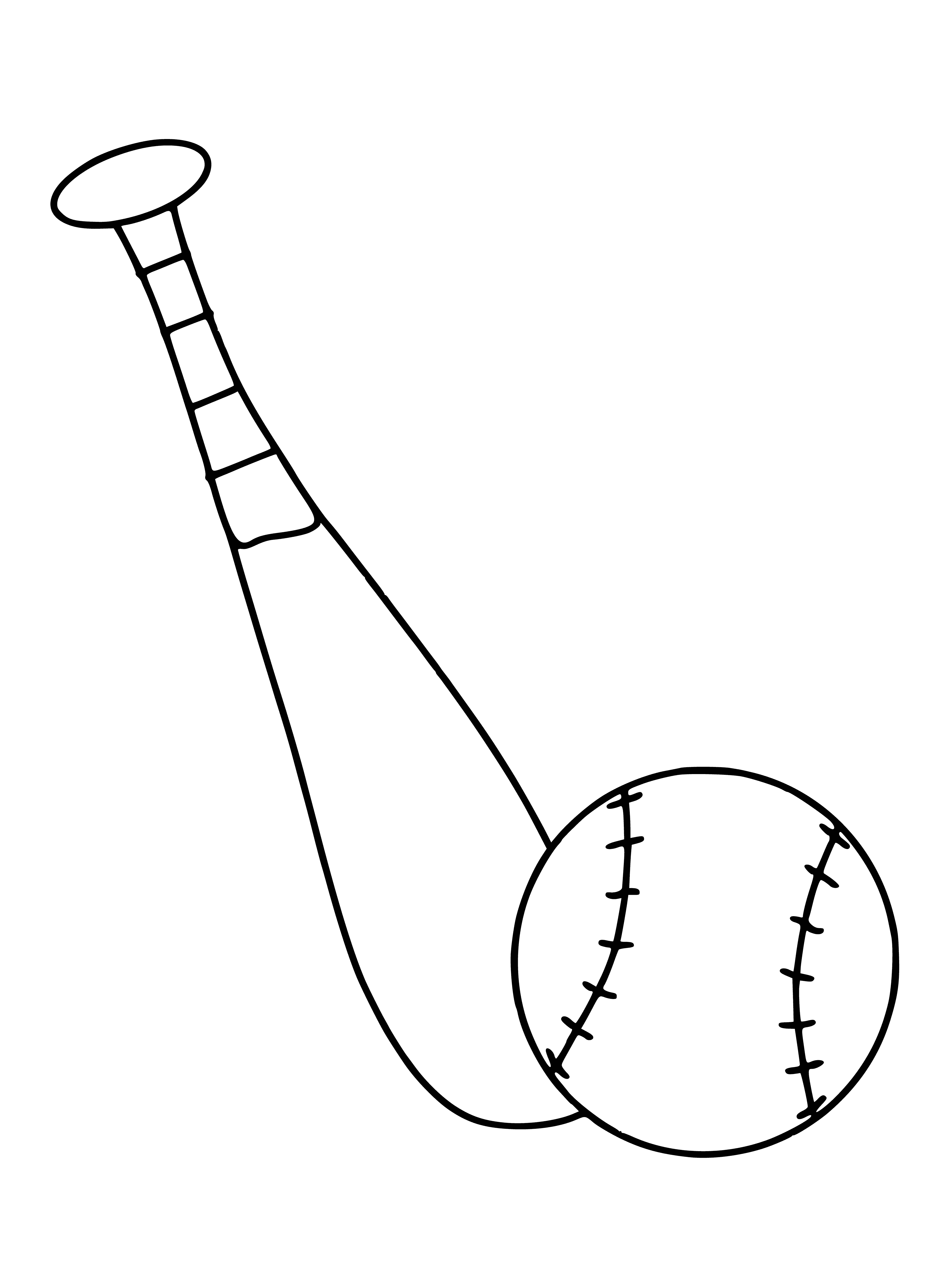 coloring page: White painted stick w/ black grip, small round white item w/ red stitching.