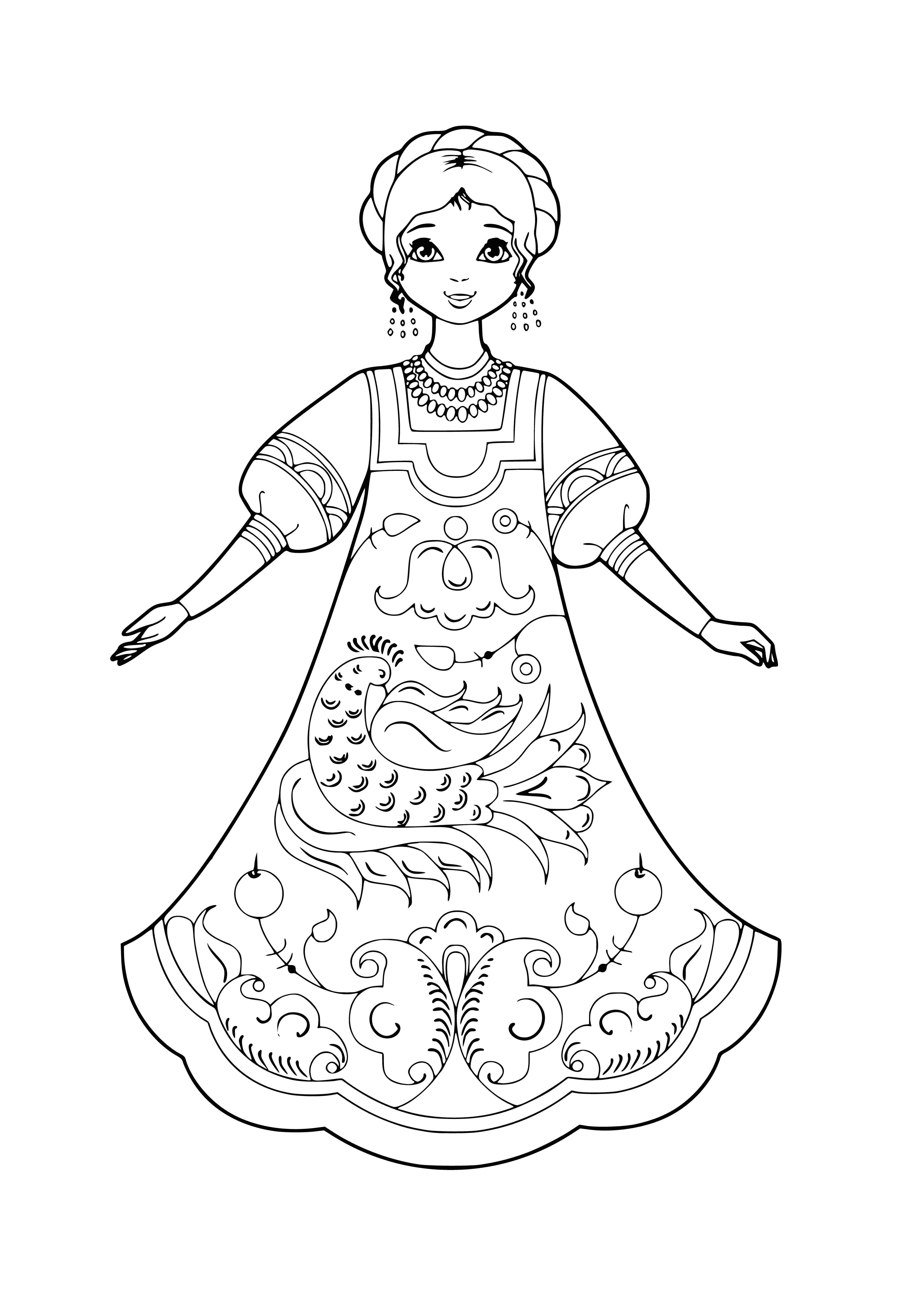 coloring page: Two Russian blondes with bright dresses, fur-trimmed shawls, and small dogs in their laps. Both have curled hair + delicate features (one with a necklace, one with a ribbon).