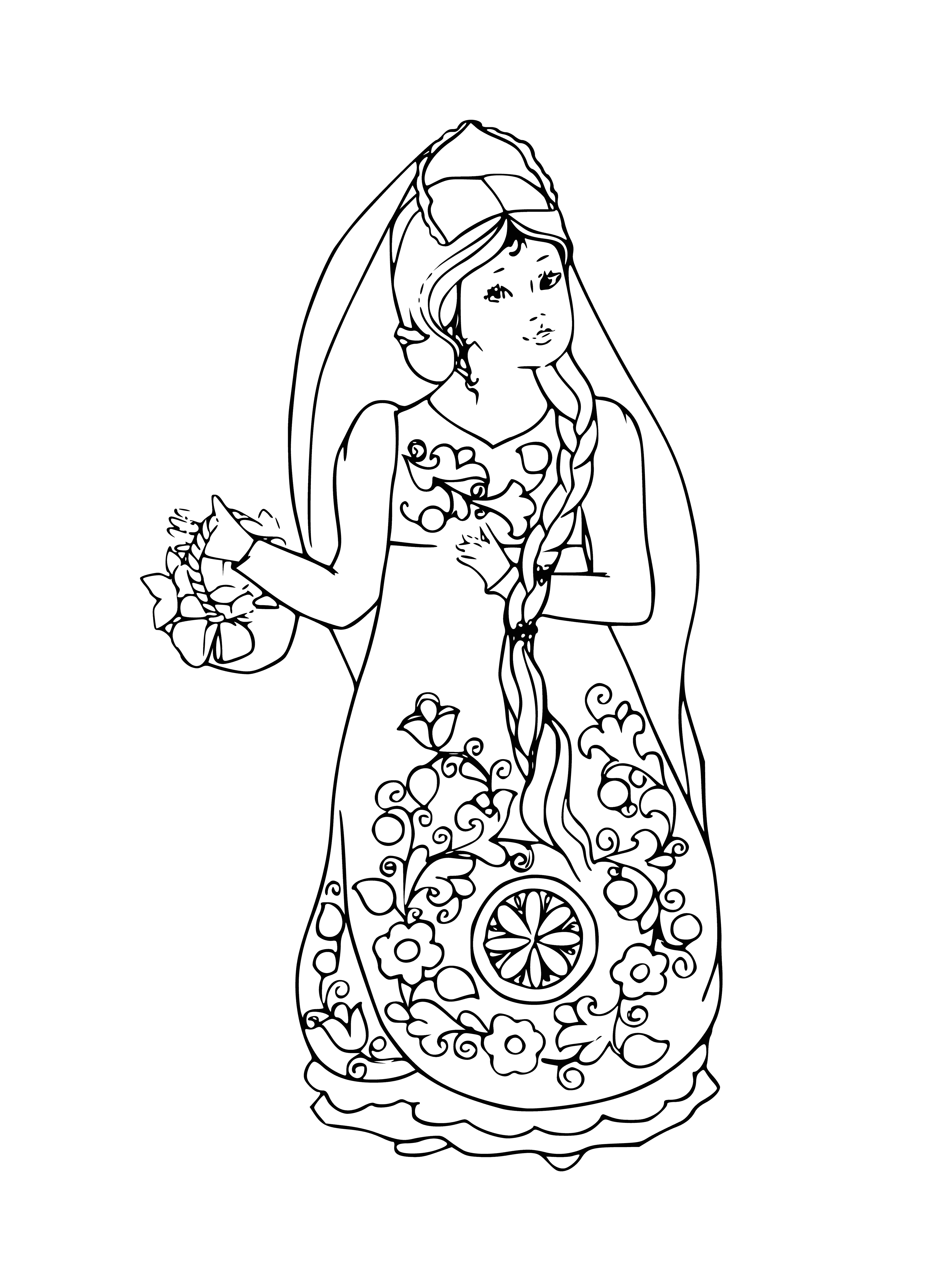 coloring page: Woman with blonde hair, wearing white dress & blue scarf, smiles gently in a field full of flowers.