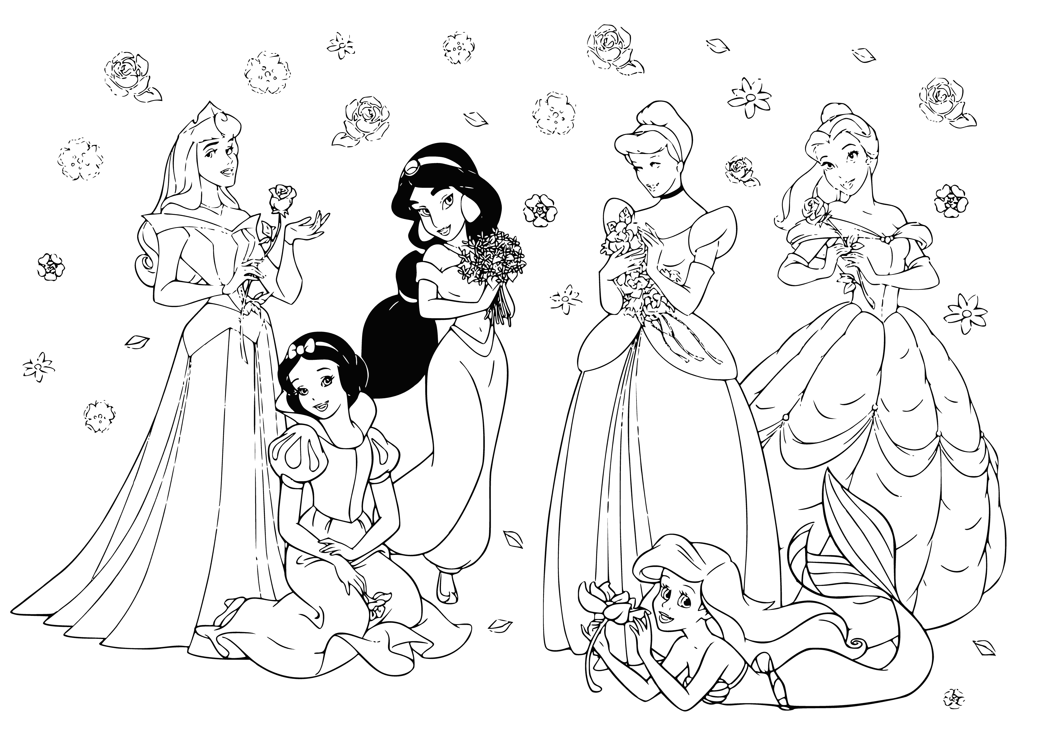 coloring page: Disney princesses Jasmine to Rapunzel wearing colorful dresses w/ unique hairstyles, accessories like headbands, necklaces, earrings, feather or quiver.