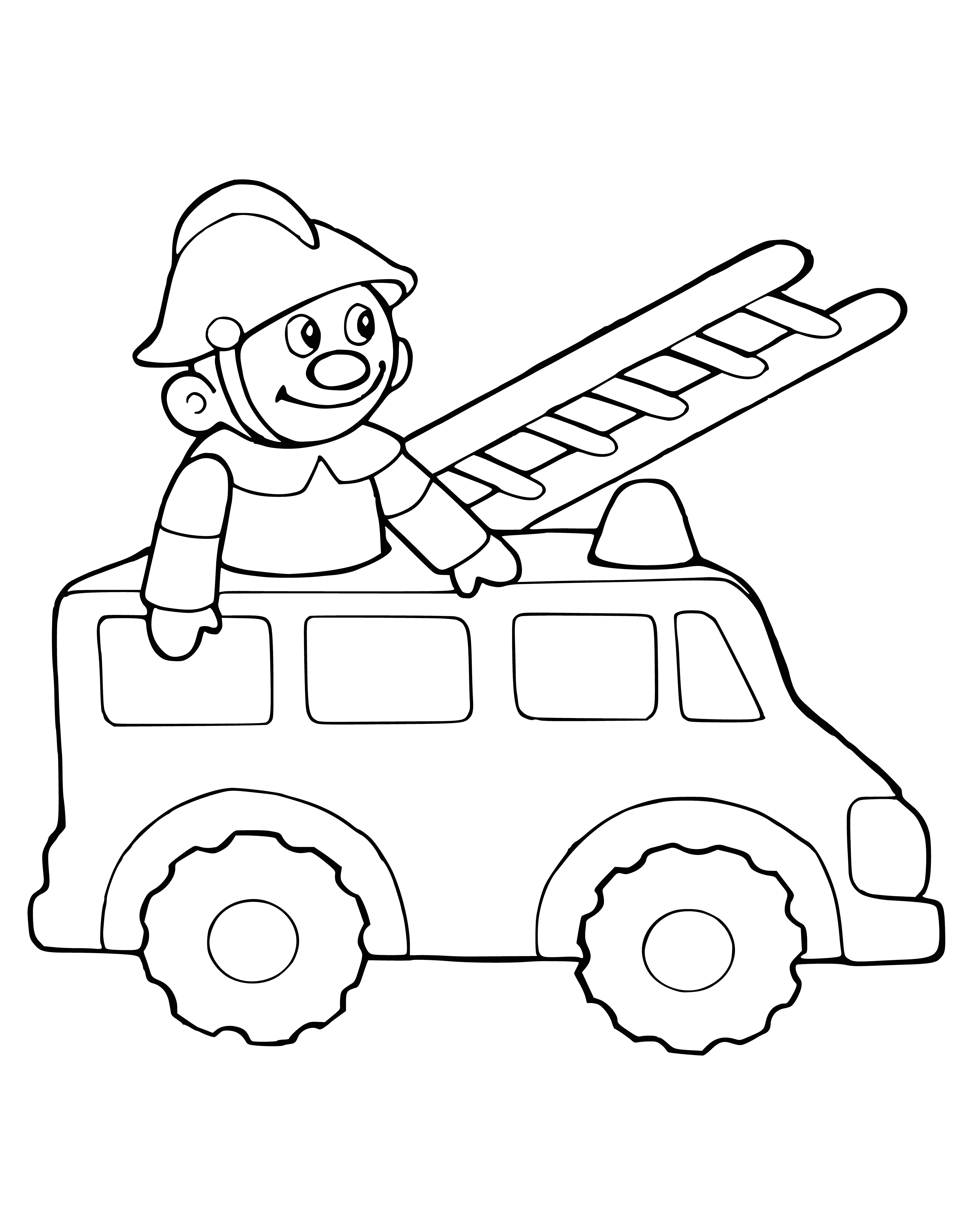 coloring page: Red fire truck w/ ladder, hose, water cannon & siren on roof - perfect for little firefighters!