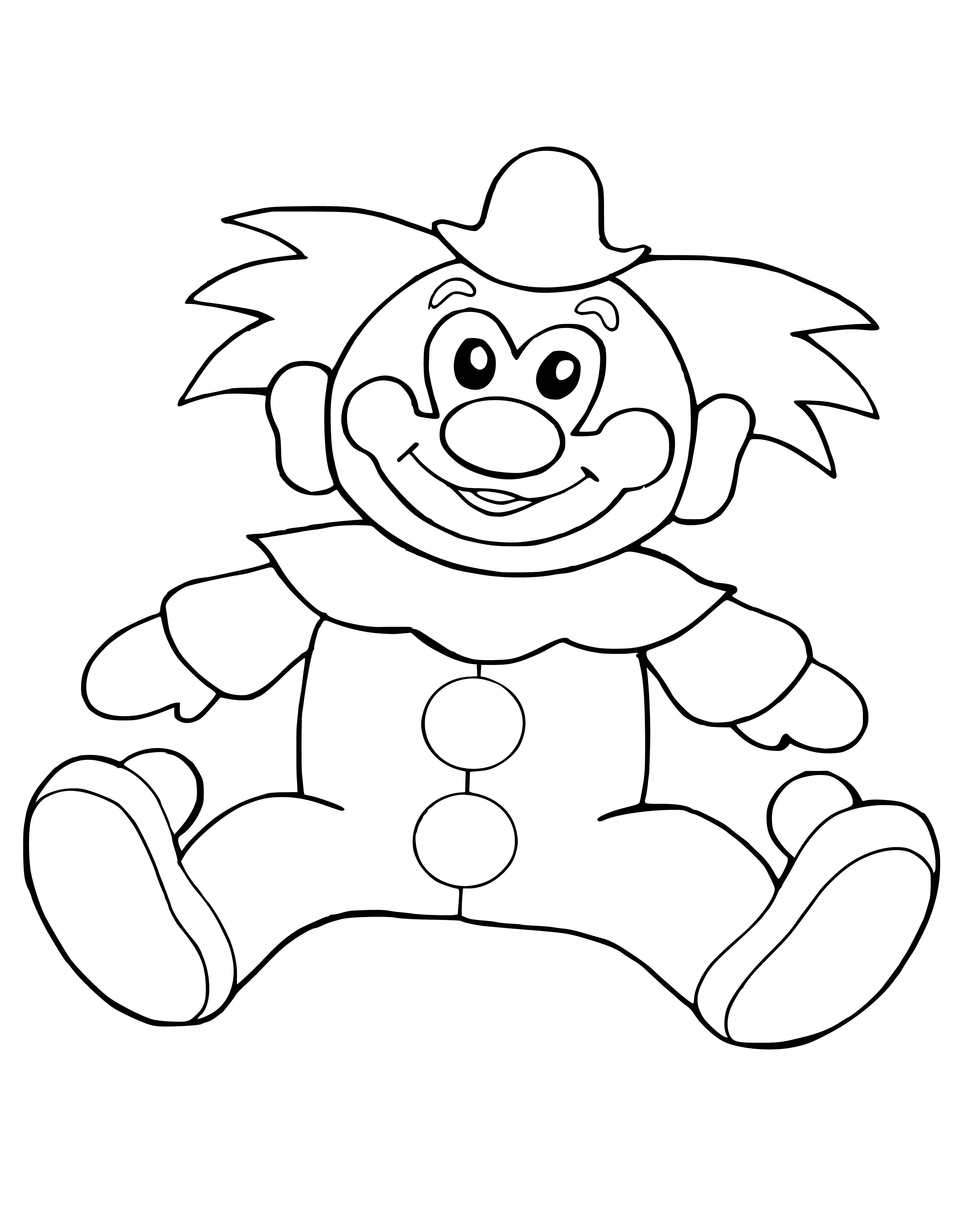 coloring page: Clown holds red ball, has red nose & striped shirt; happy expression. #clown #happy #ball
