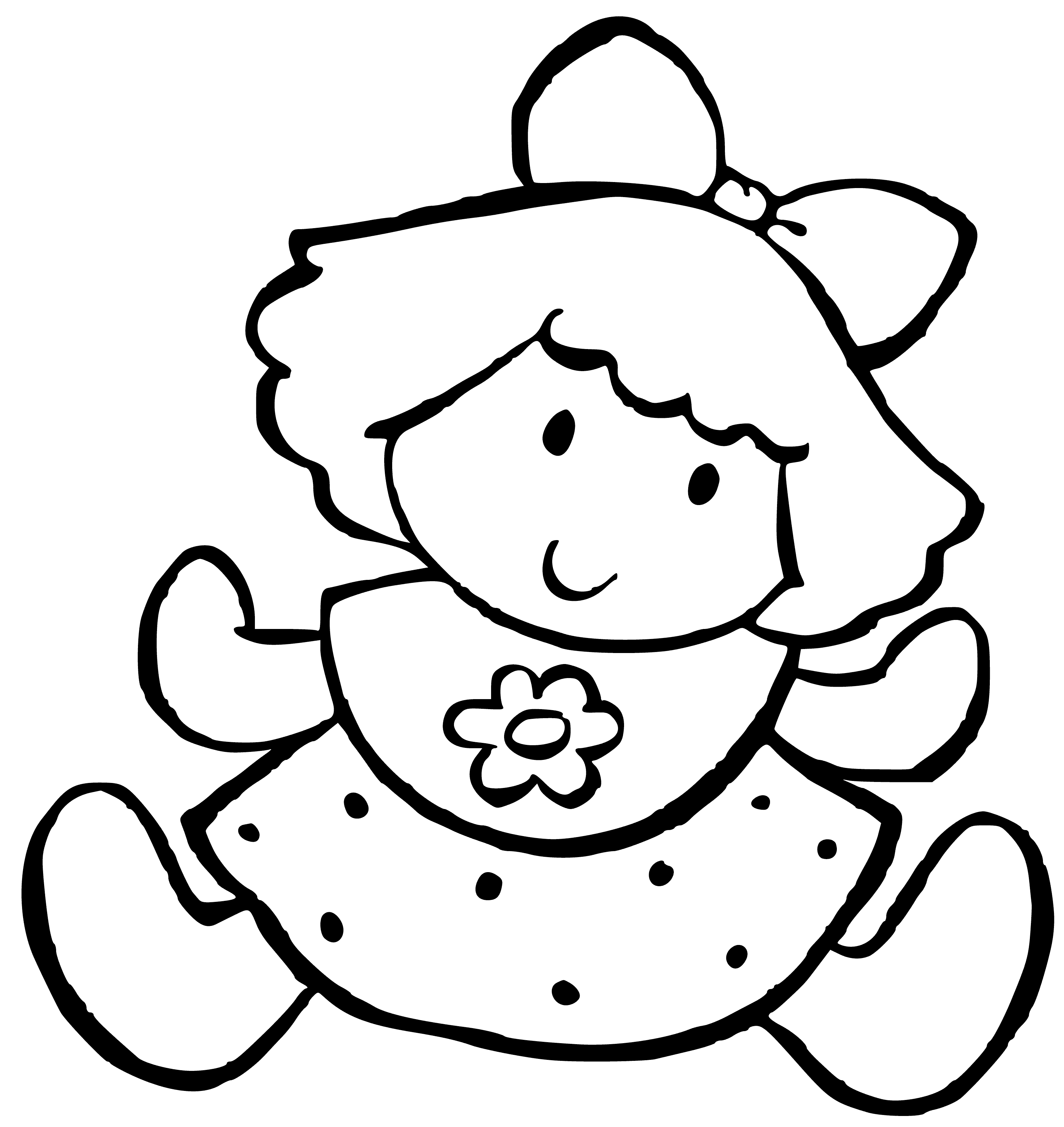 coloring page: Plastic doll 12" tall, blonde hair/blue eyes, white body wearing pink dress with ruffle. No arms/legs.