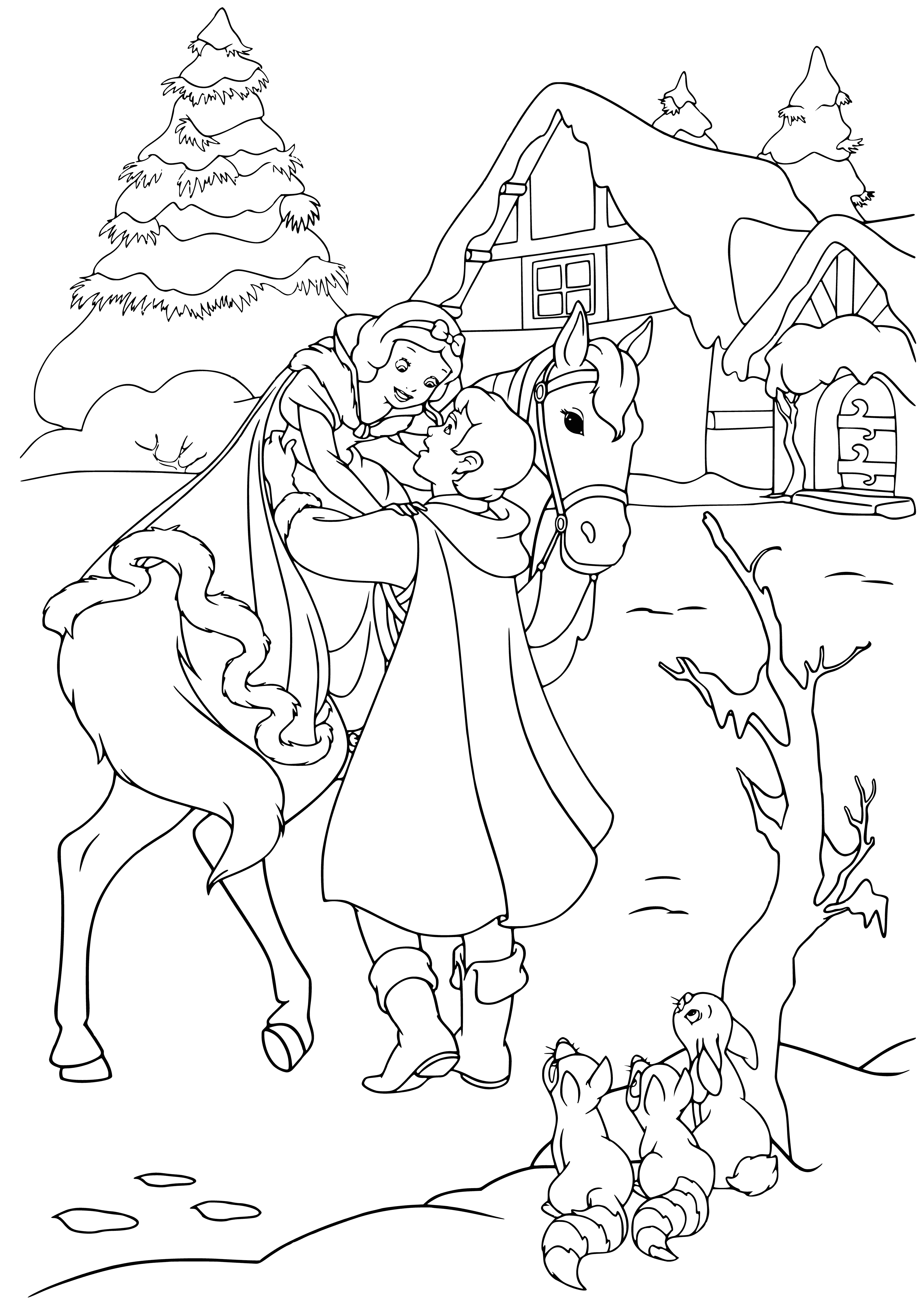 coloring page: Disney princesses celebrate New Year in winter forest w/ Snow White & prince surrounded by happy animal friends.