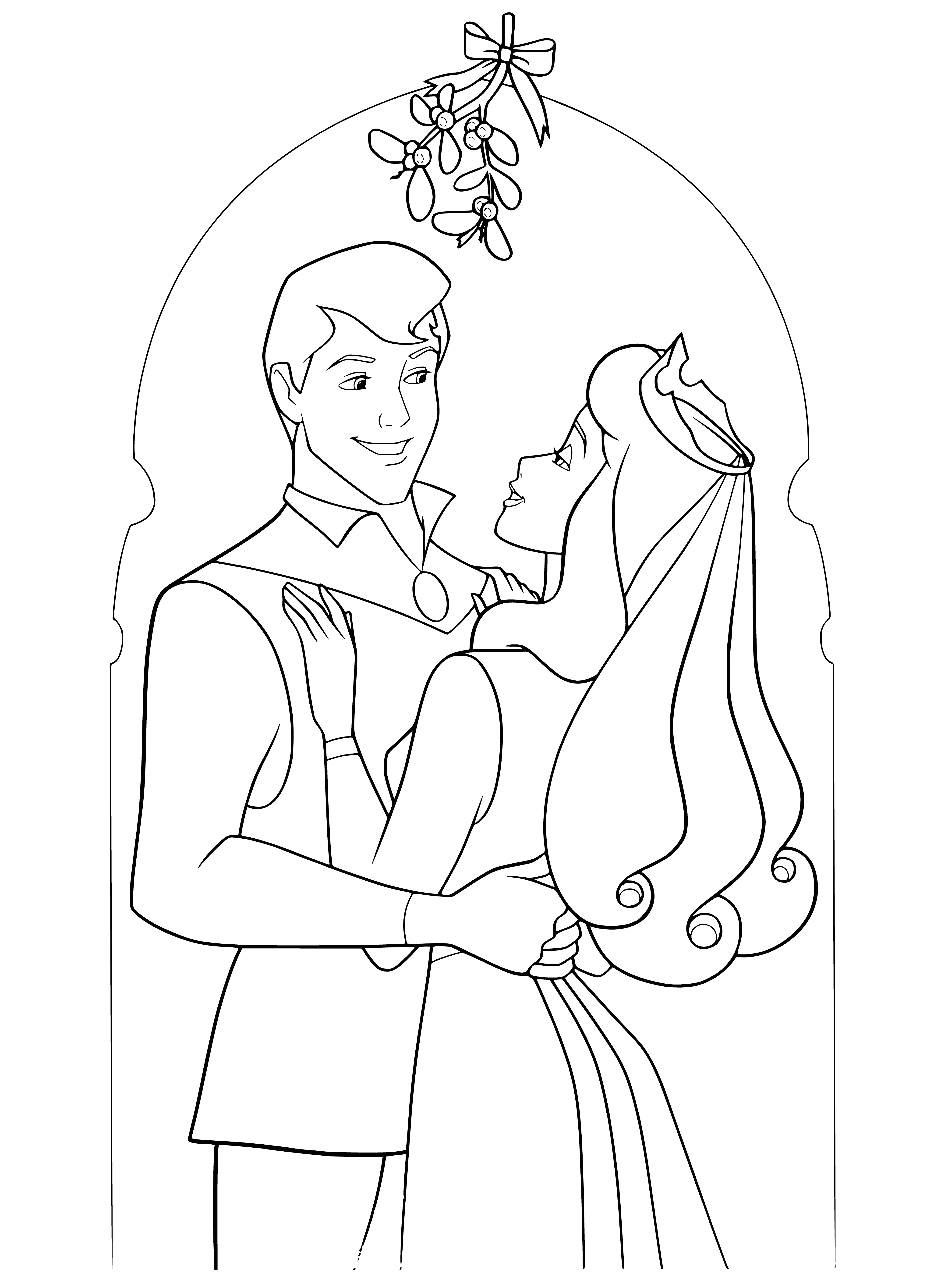 coloring page: Disney Princesses and Prince Aurora toast the New Year together, smiles all around.
