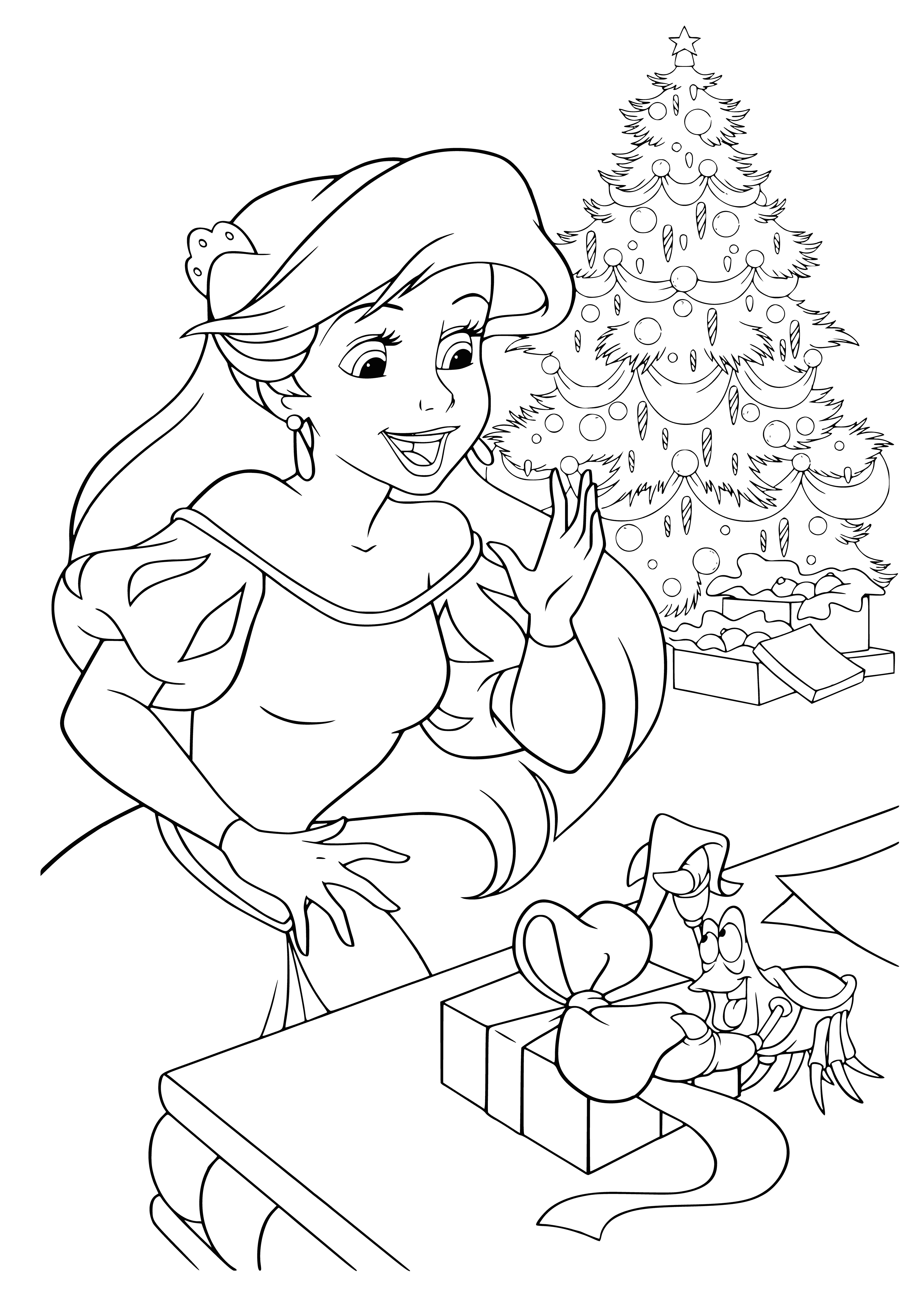 coloring page: Ariel and other Disney princesses celebrate New Year, Ariel with a new outfit holding a gift, a seashell with message: "Have a happy and prosperous New Year!"