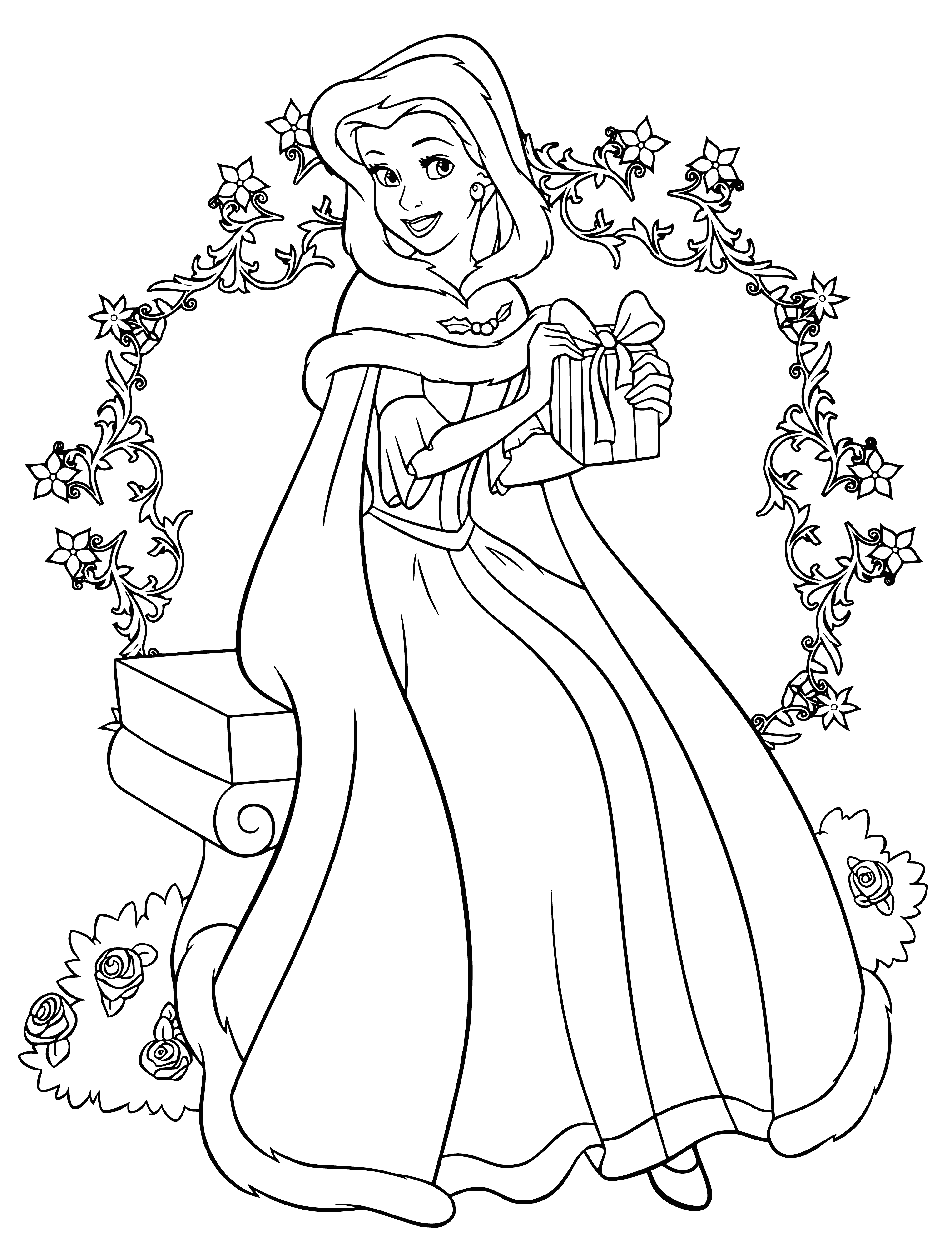 coloring page: Belle stands with Disney princesses in winter coats, sparkling & holding hands, smiling at camera.