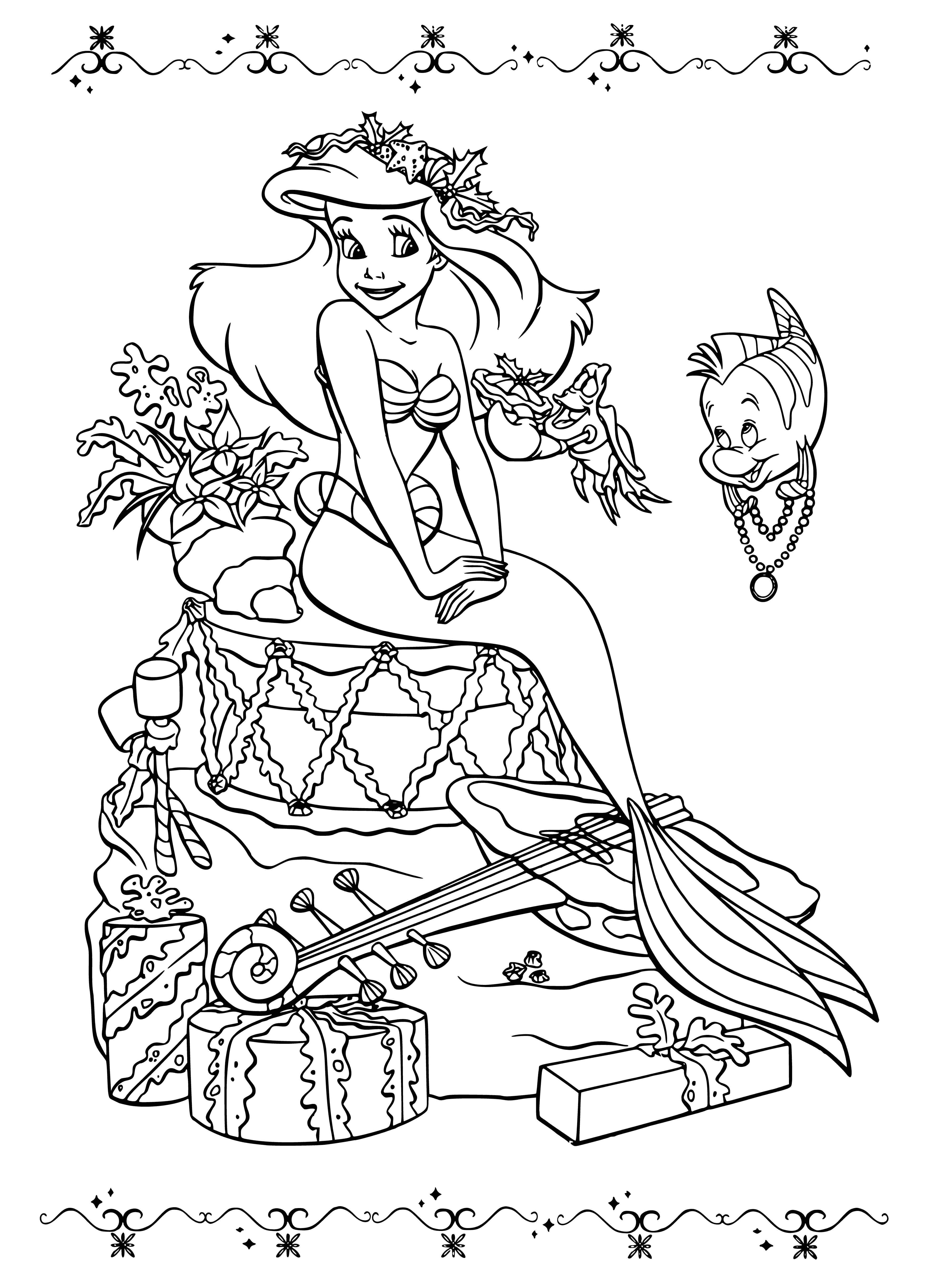 coloring page: Ariel celebrates the New Year with lots of gifts from her family and friends, ready to make it a bang!