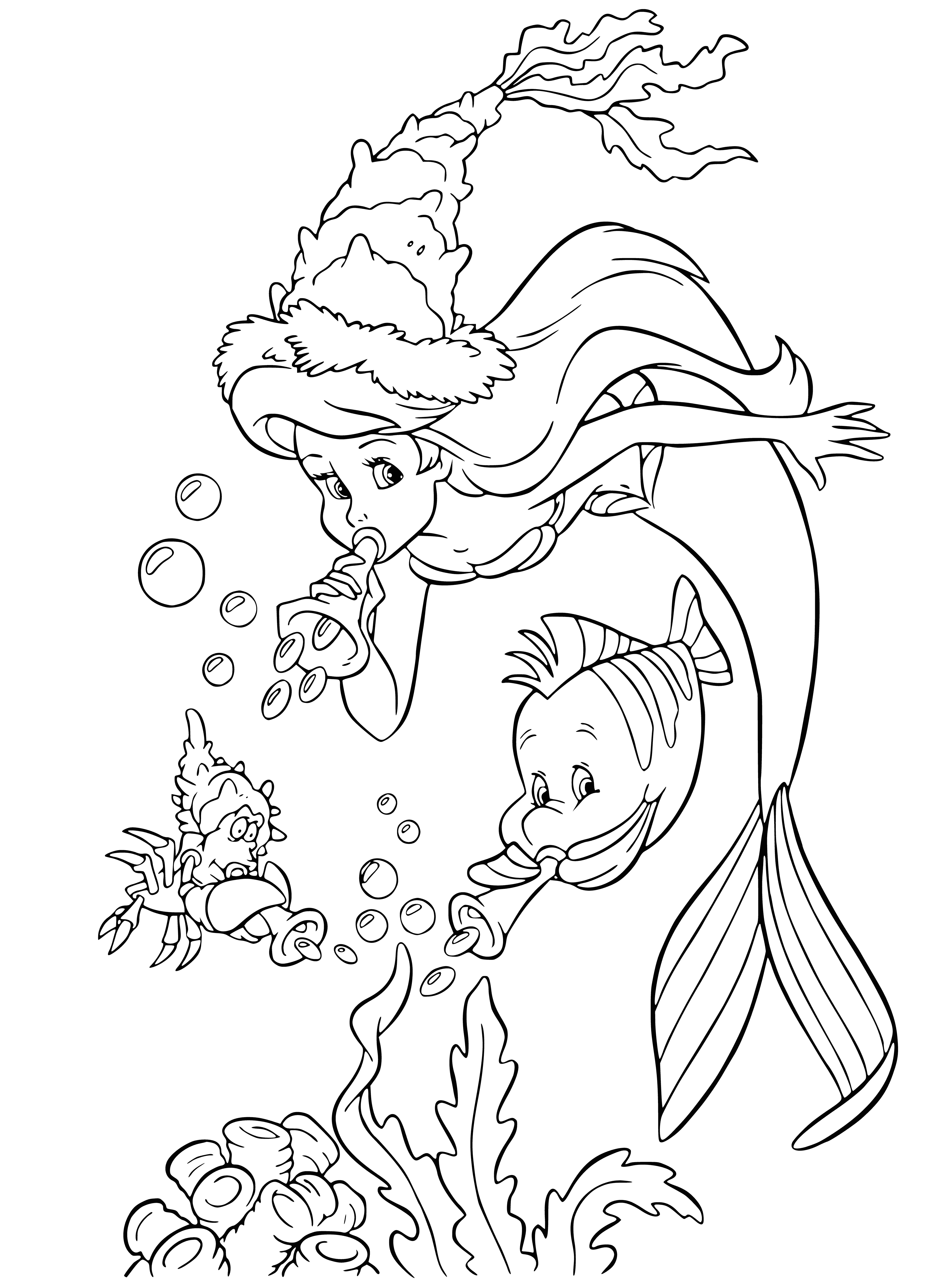 coloring page: Ariel is ringing in the New Year with friends, wearing a purple dress & tiara, cheering & holding champagne cups. #happynewyear