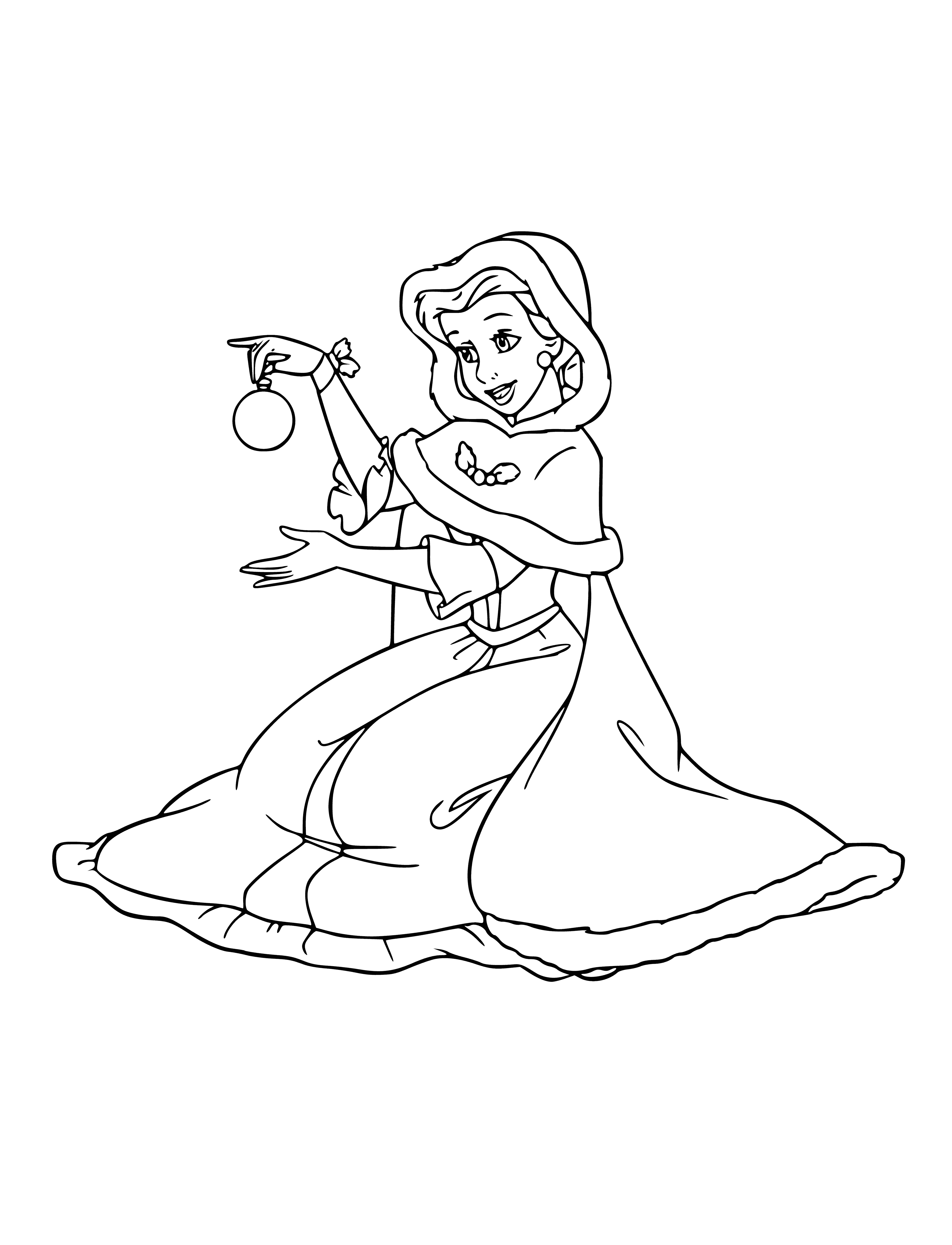 coloring page: Belle stands in the middle as snowflakes fall around the circle of princesses in festive dresses & hair styles. #princessparty